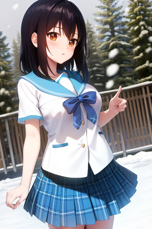 masterpiece, highest quality, High resolution, 1 girl Yukina Himeragi short hair, Serafuku Blue Bow Blue Skirt Plaid Skirt ，School，big breasts，Holds Snow Kasumi Wolf