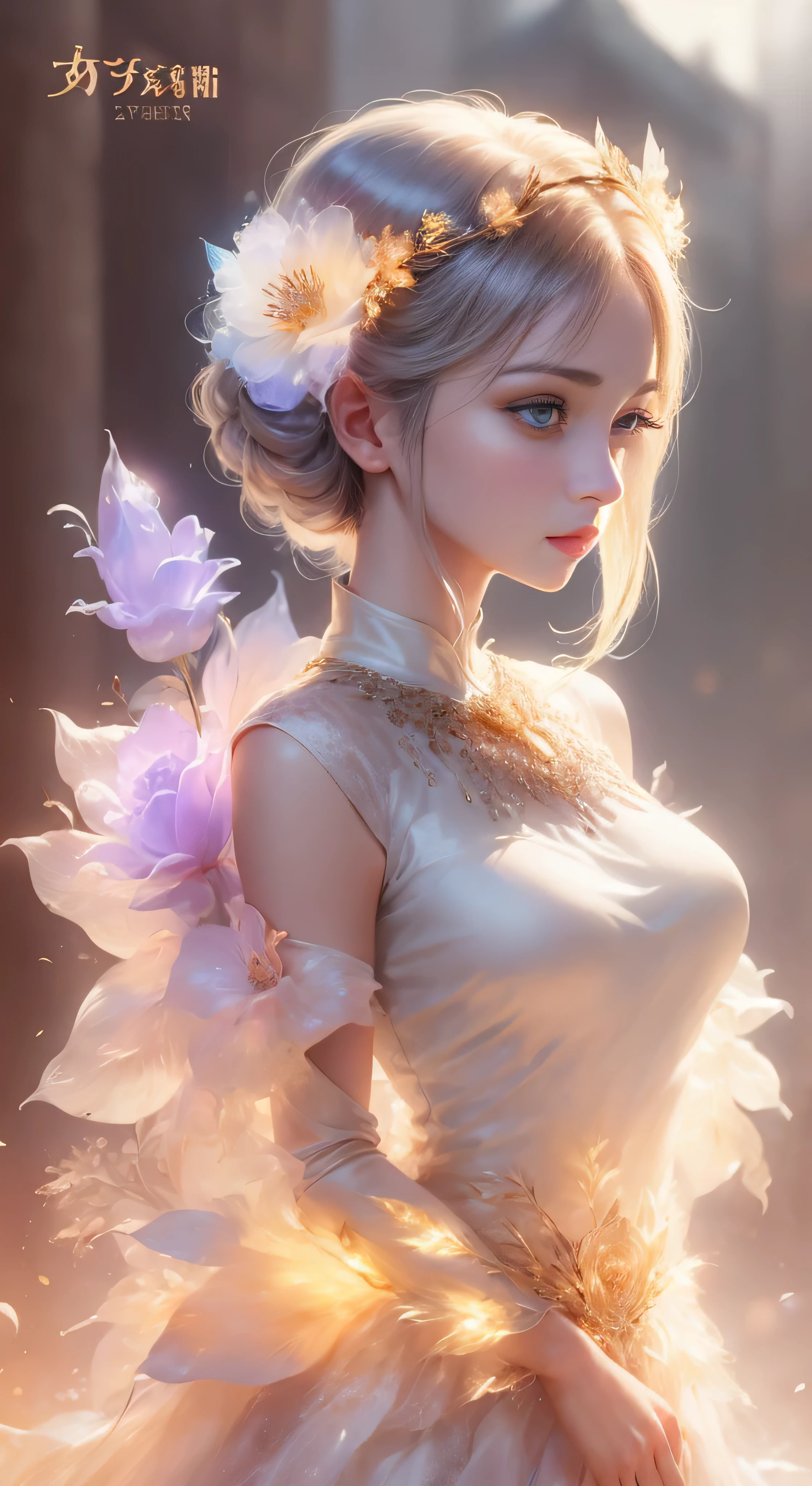 castle in the distance、face is in front、look at the camera、profile、8K、real photos、ultra high resolution, master parts, highest quality, ticker , cinematic images,nice girl、Ann、16 only、Annグロサクソン、double eyelid、droopy eyes、very big eyes、eyes are purple、dark eye shadow、lips are very thin、The tip of your nose grows beautifully.......................................................、small nose,,,,, very detailed , silver hair、straight short hair、smile、 sweet expression 、)、very clear shadows , jewelry , fine eyes, Very difficult, shiny skin , パーフェクトブリリAnnト, perfect sentence, dramatic shadow、white tiara on head、Gold necklace around the neck、White aristocratic dress with gold embroidery、glass high heels、angel wings