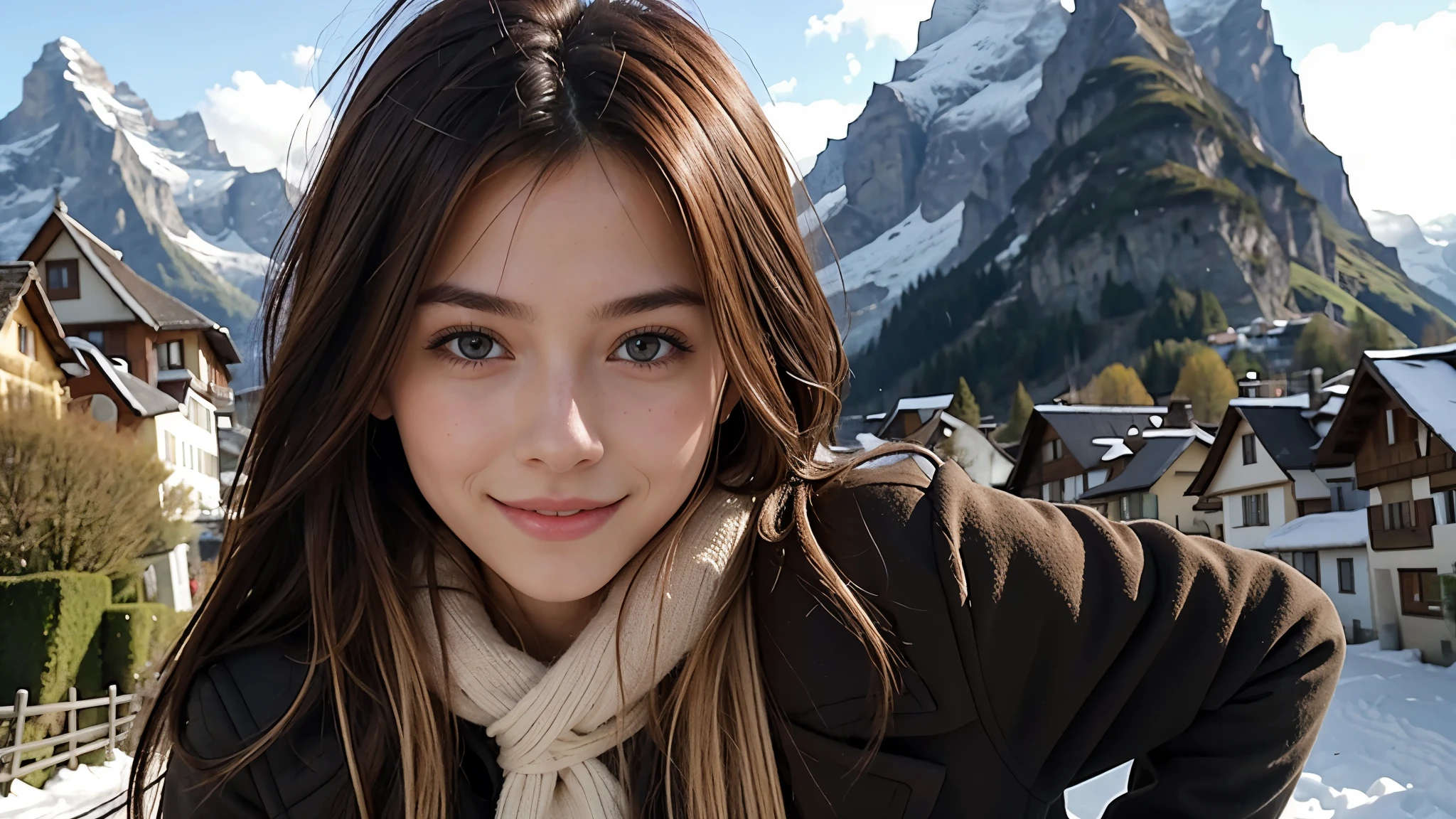 Instagram pictures, 1 girl, Shoulder length hair, light blonde hair, Close-up photo, coat, The background is the village of Grindelwald....., Switzerland, smile a little,