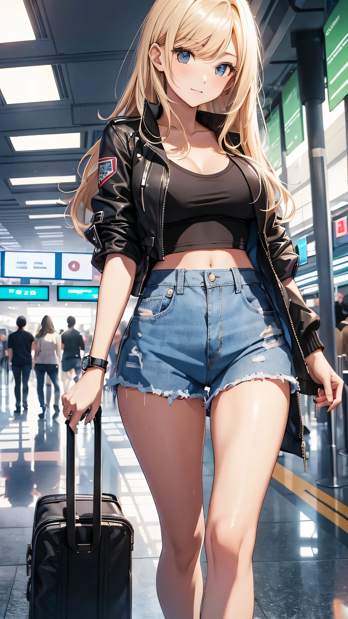 最high quality、best image quality、masterpiece、teenage girl((20-year-old、 By becoming、vest bust、medium bust,wide open breast tea、black eye, blonde hair、long hair、thin,highest valley、blue shorts、Black Short Sleeve Jacket、walk、white shirt,chest、Eyeshadow Makeup、I have a carry bag、greeting)),high quality、beautiful art、background((In the airport))、debris flies、Depth of written boundary、movie、visual art、perfect art、8K,genuine