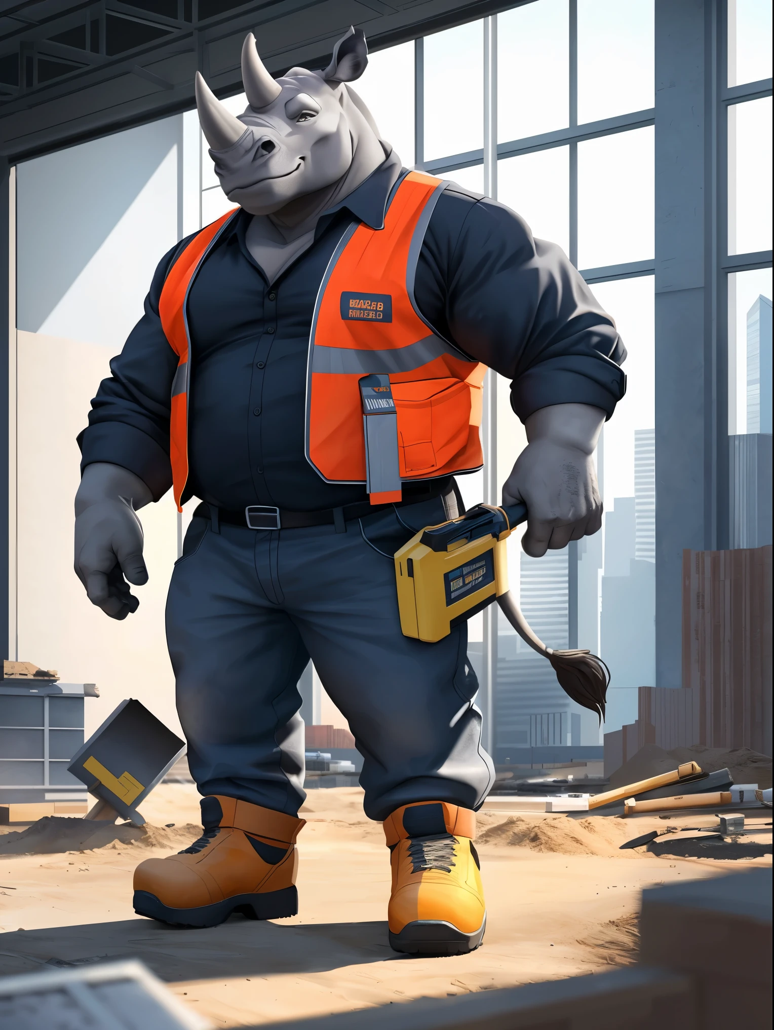 «»A photorealistic portrayal of a strong and industrious rhinoceros dressed in a construction worker uniform. Rhinos should be depicted wearing helmets, safety vest, and work boots, Ready for construction work day. rhino's constructor is、Must pose with determination and confidence, You probably have blueprints or construction tools.. The background should be a constructionyardai or a city skyline with ongoing construction projects, Emphasizes Sai's role as a diligent builder. the lighting is bright、Must be rhino focused。, Highlight sturdy features. The camera shot should be a full body shot, Captures the rhino's powerful presence and the details of the construction workers' costumes.。. How to express the majestic texture of rhino skin and building materials、Resolution must be 8K or higher。. The rendering style is、You should aim for a professional and sophisticated look。, Suitable for construction company advertisements or construction-themed magazine covers. art inspiration、建設作業員や都市のconstructionyardaiの写真から得られます. (((strong hardworking rhino))), (((construction worker uniform))), (((constructionyardai))), (((bright lighting))), (((full body shot))), (((8K resolution))), (((professional rendering style))).»
