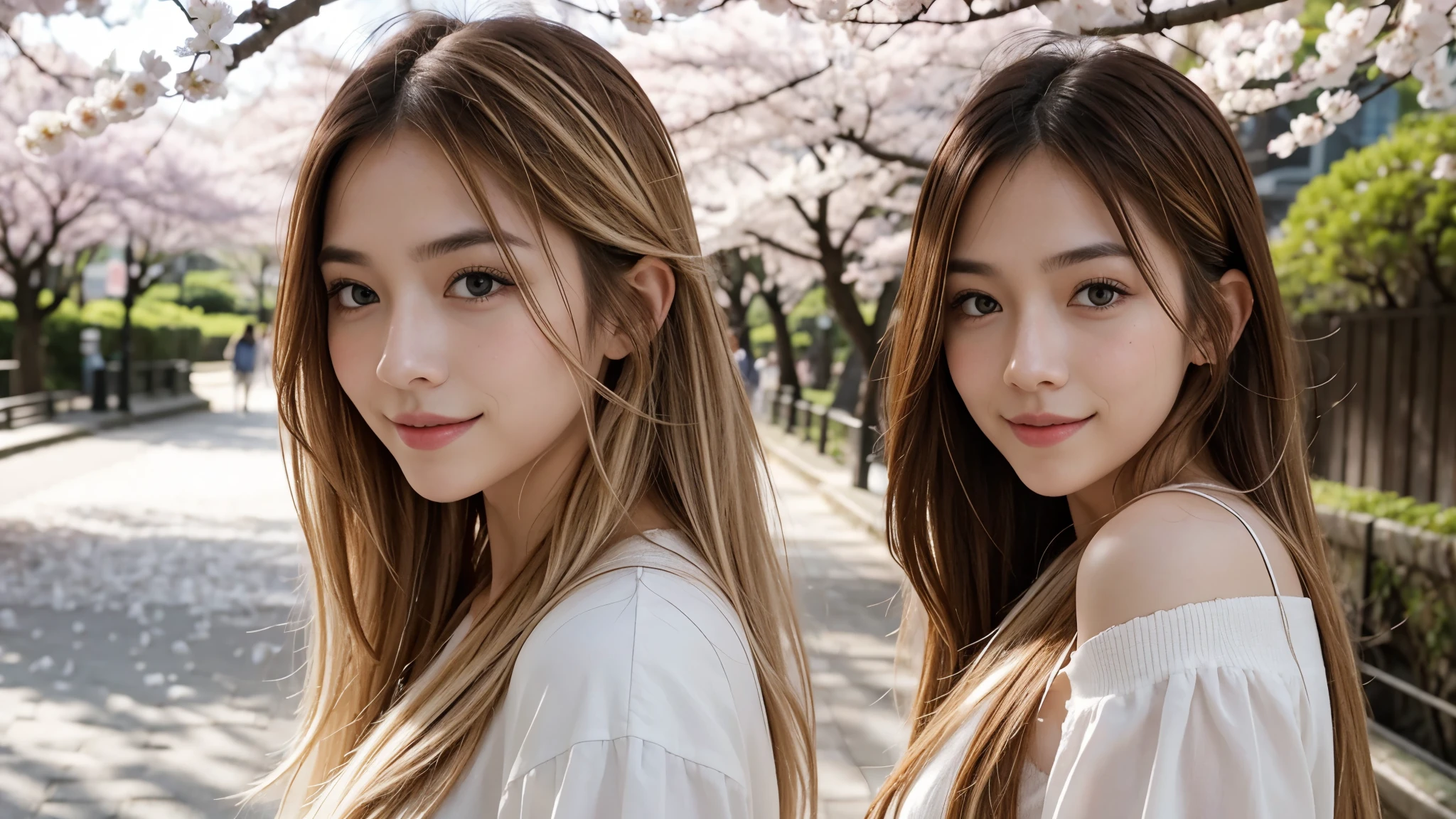Instagram pictures, a girl with shoulder length hair, light blonde hair, a Close-up photo, Take a walk in the park with cherry blossoms, Japan, smile a little,