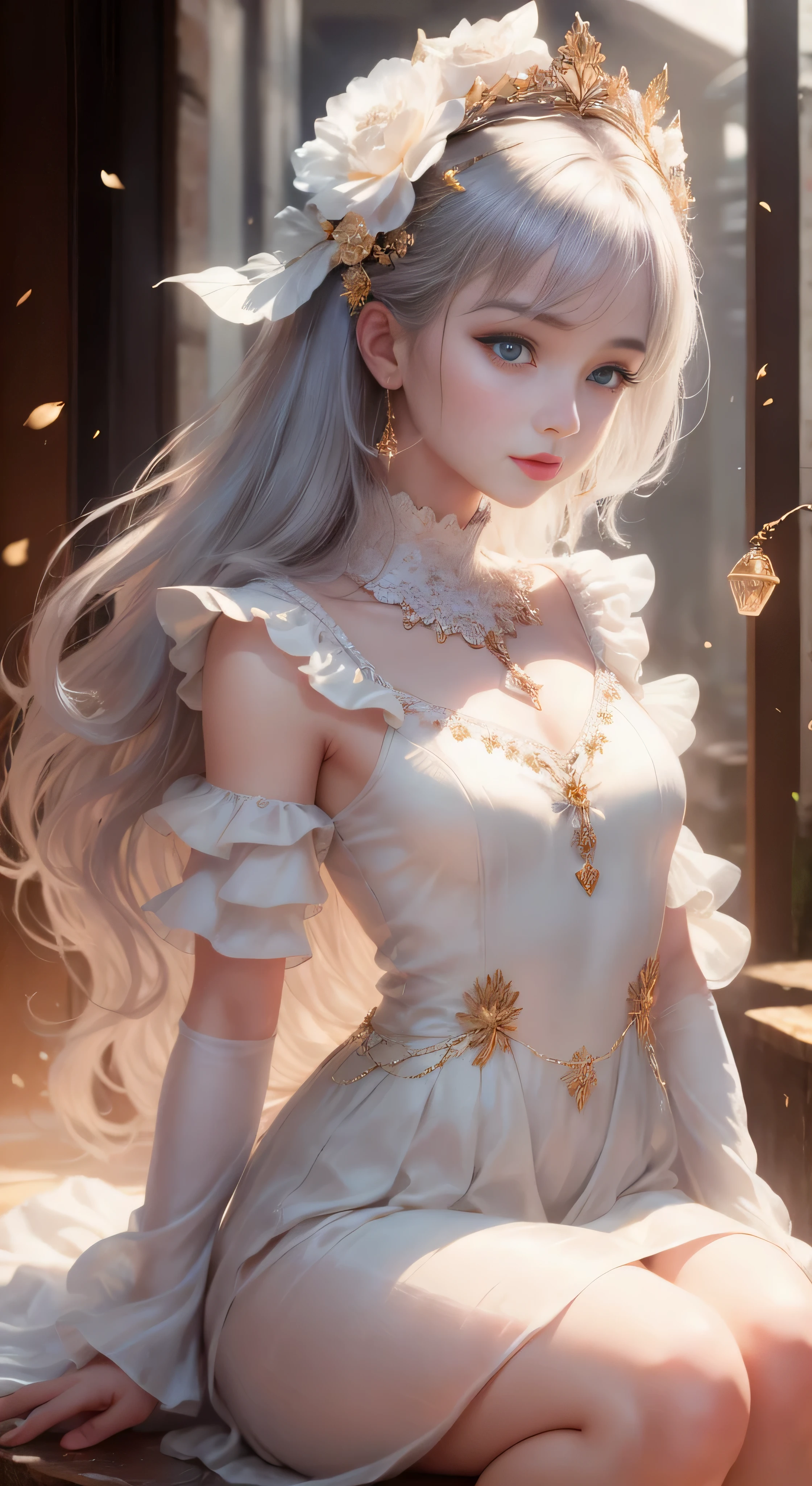 castle in the distance、face is in front、look at the camera、profile、8K、real photos、ultra high resolution, master parts, highest quality, ticker , cinematic images,nice girl、Ann、16 only、Annグロサクソン、double eyelid、droopy eyes、very big eyes、eyes are purple、dark eye shadow、lips are very thin、The tip of your nose grows beautifully.......................................................、small nose,,,,, very detailed , silver hair、straight short hair、smile、 sweet expression 、)、very clear shadows , jewelry , fine eyes, Very difficult, shiny skin , パーフェクトブリリAnnト, perfect sentence, dramatic shadow、white tiara on head、Gold necklace around the neck、White aristocratic dress with gold embroidery、glass high heels、angel wings