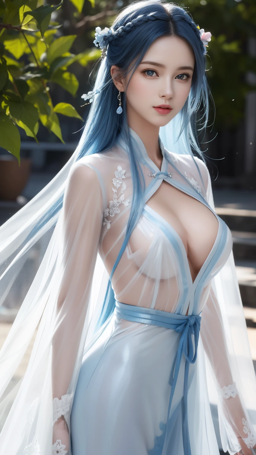 (hyper-realistic), (illustration), (high resolution), (8k), (Very detailed), (最佳illustration), (Beautiful and delicate eyes), (best quality), (Super detailed), (masterpiece), (wallpaper), (lifelike), (Natural light), (edge lit), (Detailed face), (高度细致lifelike皮肤纹理), (anatomically correct), (alone), (1 girl), (高细节lifelike头发), (blue hair:1.2), spiky hair, (heterochromatic eyes), (Detailed green eyes), (There is a small mole under the eye), (realistic:1.5), (Naked of breast:1.3), (long legs), (slim abs), (dynamic poses), (Keep your mouth shut:1.3), (Traditional Hanfu), (transparent clothes:1.5), national foundation,Show breasts,Show breasts,exposing her chest,huge ,huge breasts,exposing her chest,huge breasts,