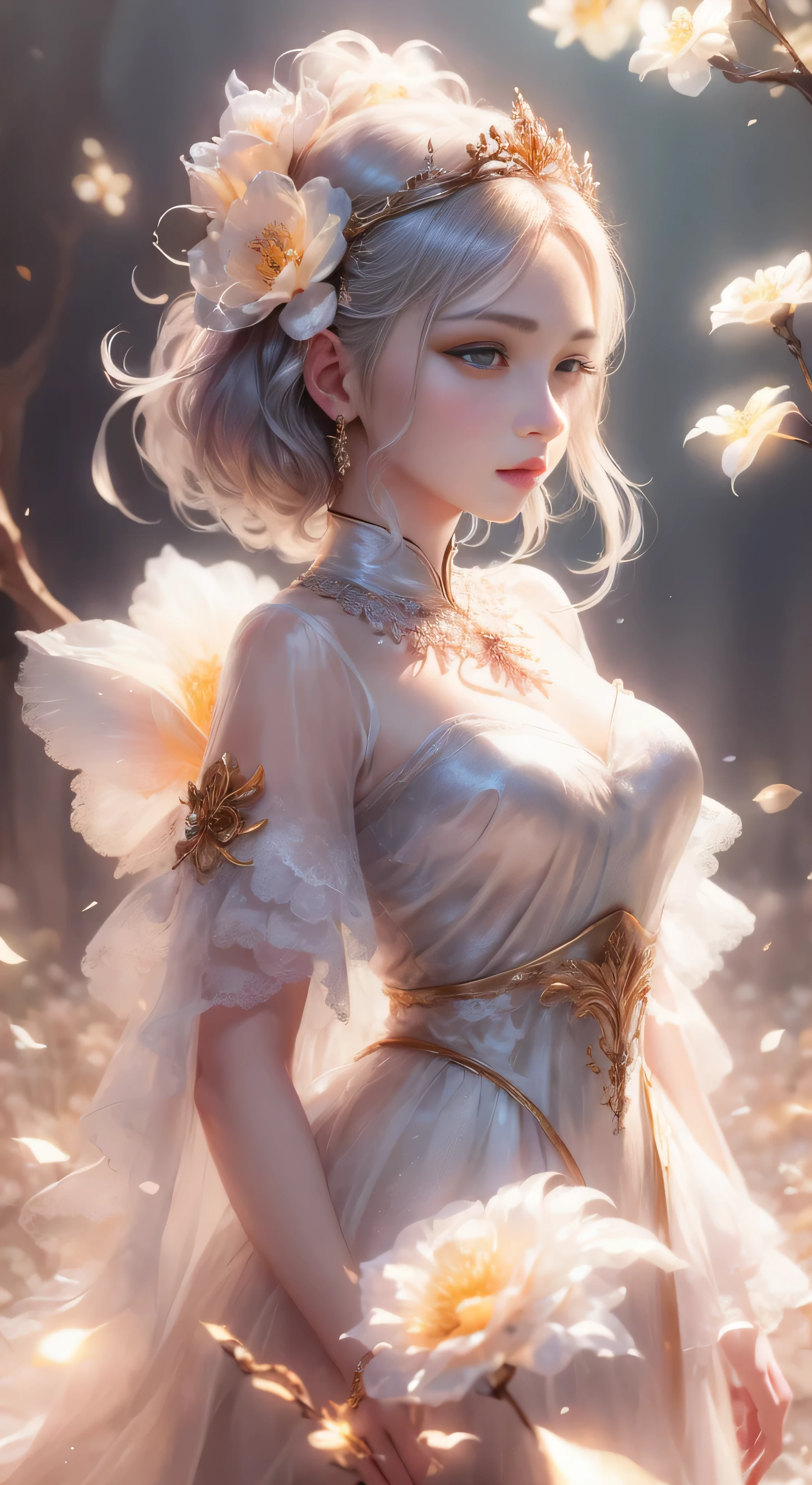 castle in the distance、face is in front、look at the camera、profile、8K、real photos、ultra high resolution, master parts, highest quality, ticker , cinematic images,nice girl、Ann、16 only、Annグロサクソン、double eyelid、droopy eyes、very big eyes、eyes are purple、dark eye shadow、lips are very thin、The tip of your nose grows beautifully.......................................................、small nose,,,,, very detailed , silver hair、straight short hair、smile、 sweet expression 、)、very clear shadows , jewelry , fine eyes, Very difficult, shiny skin , パーフェクトブリリAnnト, perfect sentence, dramatic shadow、white tiara on head、Gold necklace around the neck、White aristocratic dress with gold embroidery、glass high heels、angel wings
