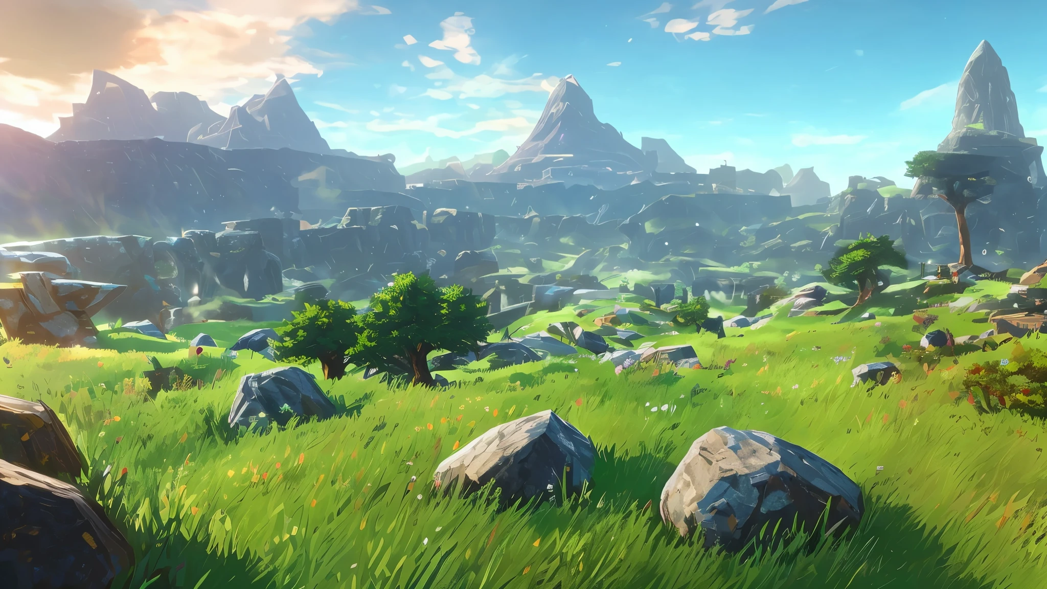 Grassland arafe with rocks and trees, breath of the wild screenshot, zelda breath of the wild, breath of the wild, zelda breath of the wild map, Hyrule, OTW, legend of zelda, breath of the wild style, from legend of zelda, zelda OTW, the legend of zelda, breath of the wild art style