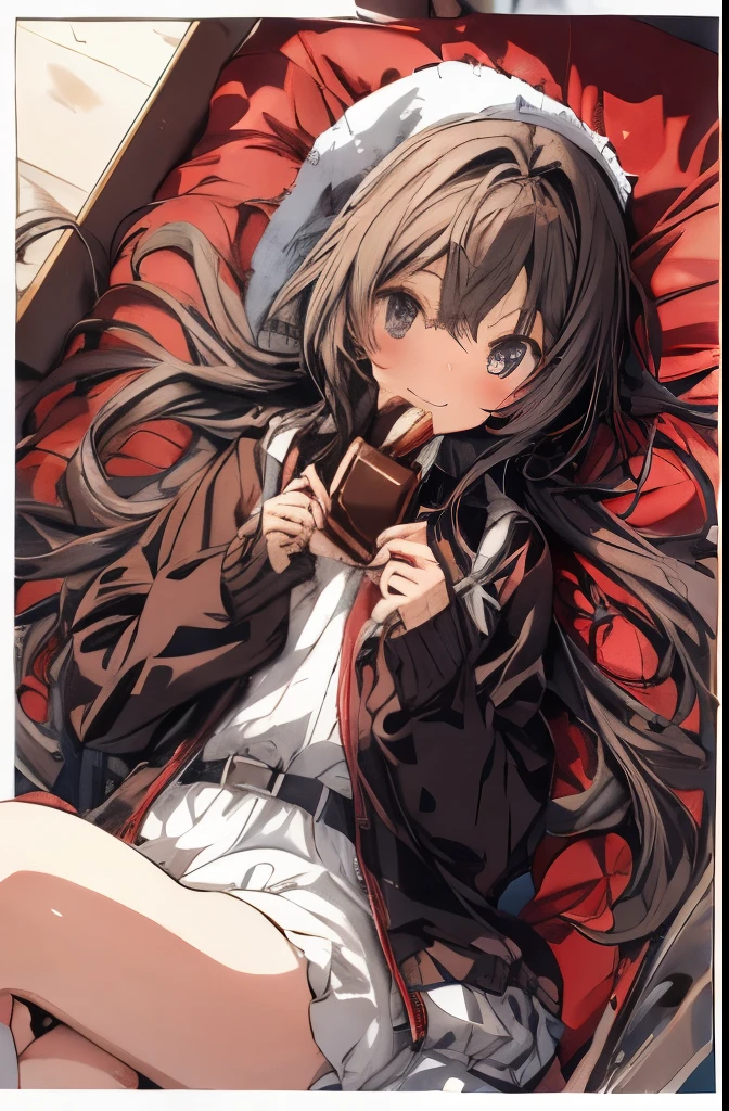 anime girl giving chocolate to you pov, stretched out hands with chocolate