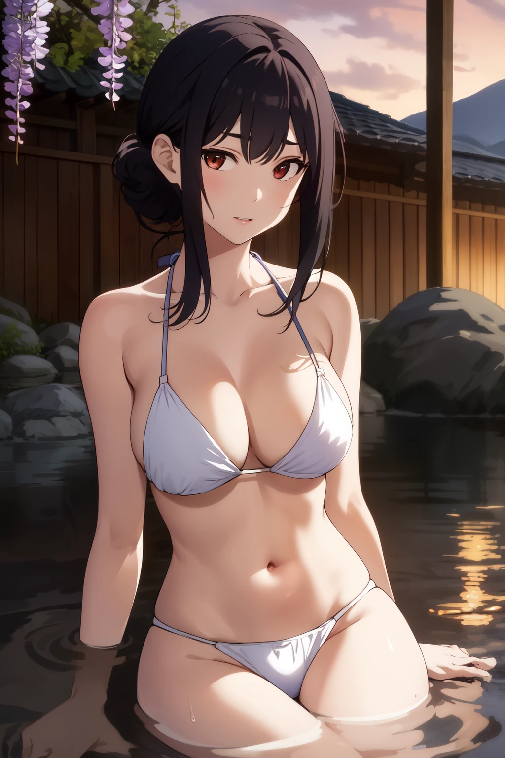 masterpiece, best quality,high quality, highres, wading,looking at viewer,solo,water, sunset, onsen, wisteria,moody lighting, BREAK, 1girl, bikini, large breasts, black hair,