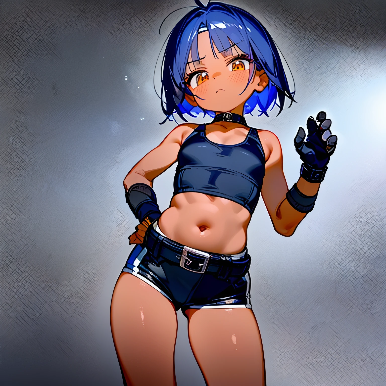 Dwarf plump squishy slender facial expression(Bad mood) dark blue hair(short) Amber eyes, dark skin, clothes(sports bra) pants(hot pants) hand(glove) shoes(shortブーツ) belt choker bandage chest navel