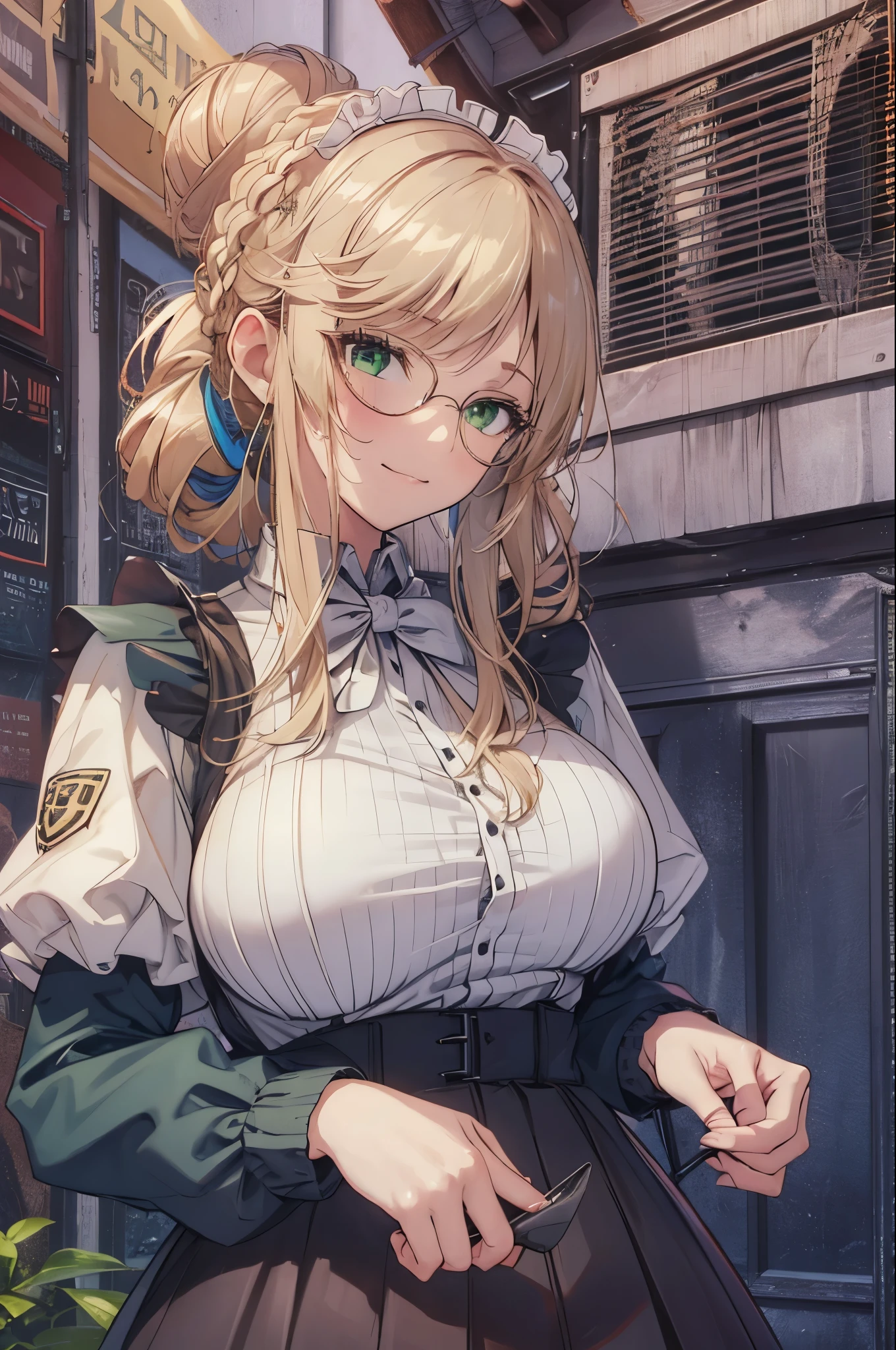 1 girl, alone, Are standing, smile, ade, green eyes, maid, long skirt,long sleeve,mature woman,(gigantic breasts), looking at the viewer,blond hair,braid,single hair bun,(((curtsey))),top-quality,Top image quality,perfect anatomy,masterpiece,ultra-detailliert,Beautiful、ultra-quality, best quality,high resolution, ultra-detailed,game cg,dutch angle ,beautiful detailed eyes, visualart,five fingers, perfect hands,cowboy shot