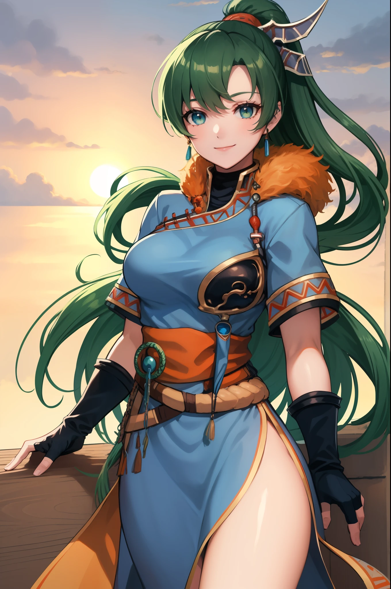 masterpiece, best quality, braveLyn, hair ornament, blue dress, fingerless gloves, orange feathers, sash, cowboy shot, looking at viewer, smile, clouds, sky, sunset, fields
