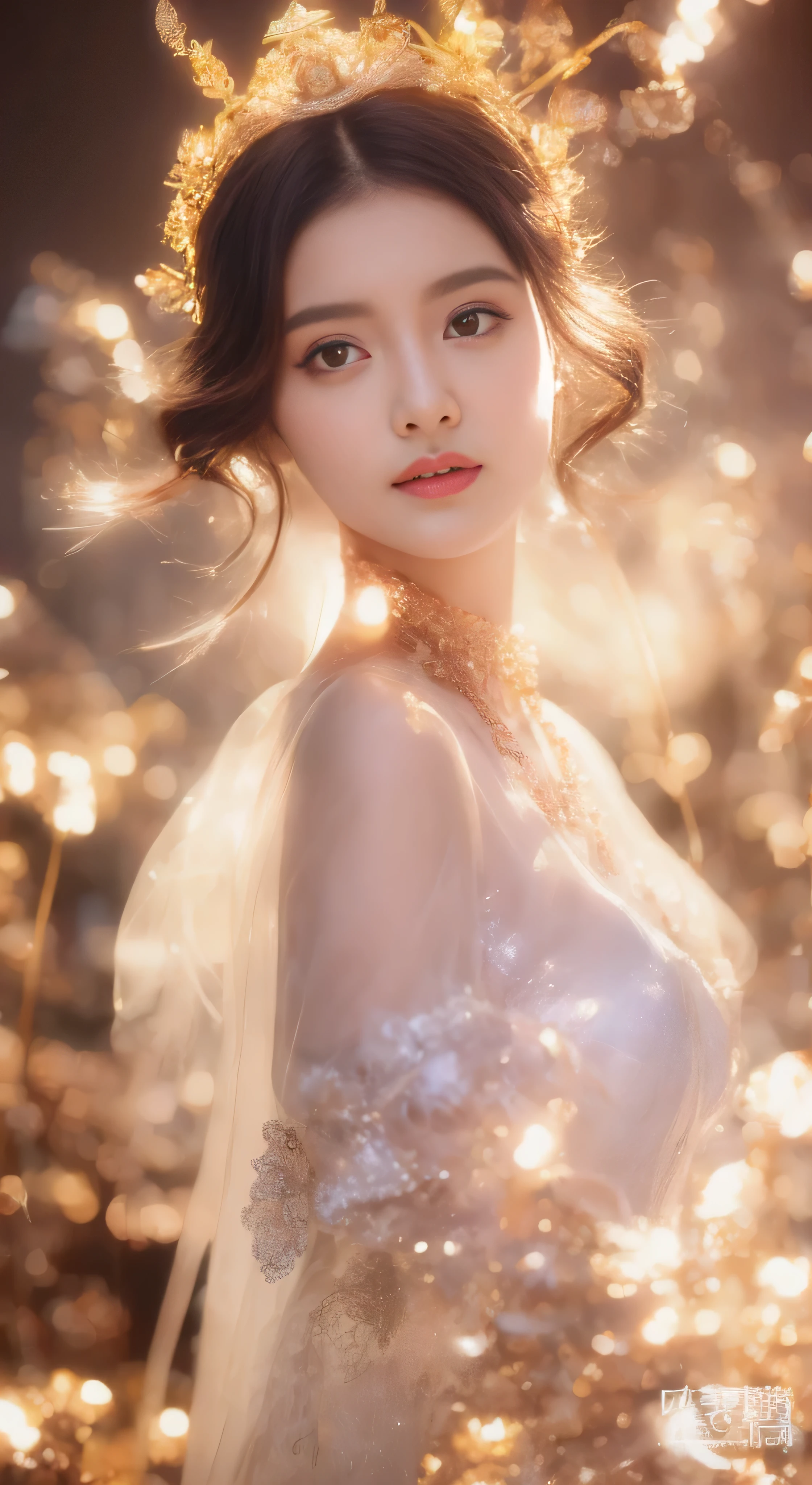 castle in the distance、face is in front、look at the camera、profile、8K、real photos、ultra high resolution, master parts, highest quality, ticker , cinematic images,nice girl、Ann、16 only、Annグロサクソン、double eyelid、droopy eyes、very big eyes、eyes are purple、dark eye shadow、lips are very thin、The tip of your nose grows beautifully.......................................................、small nose,,,,, very detailed , silver hair、straight short hair、smile、 sweet expression 、）、very clear shadows , jewelry , fine eyes, Very difficult, shiny skin , パーフェクトブリリAnnト, perfect sentence, dramatic shadow、white tiara on head、gold necklace around neck、White aristocratic dress with gold embroidery、glass high heels、angel wings