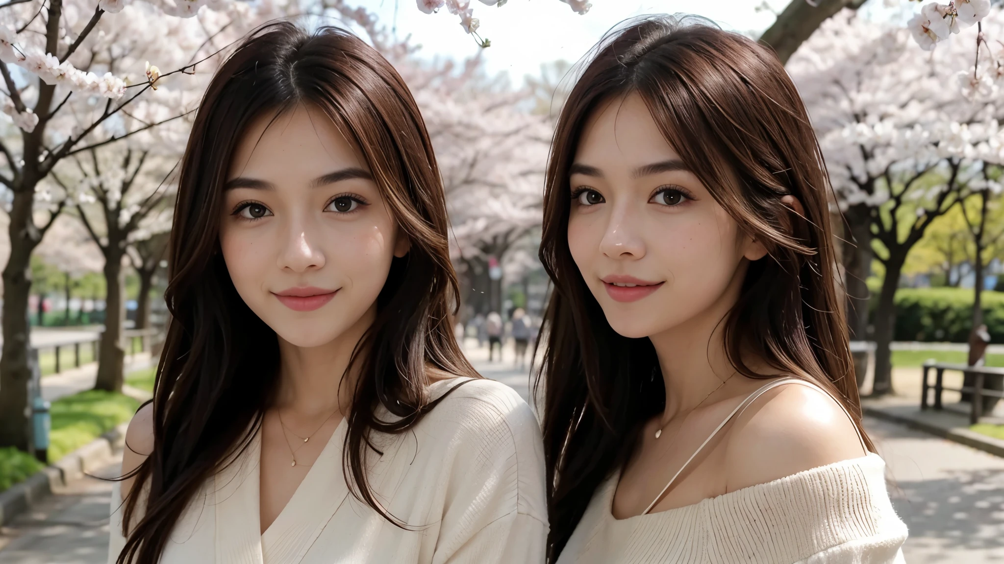Instagram pictures, a girl with shoulder length hair, light blonde hair, a Close-up photo, Take a walk in the park with cherry blossoms, Japan, smile a little,