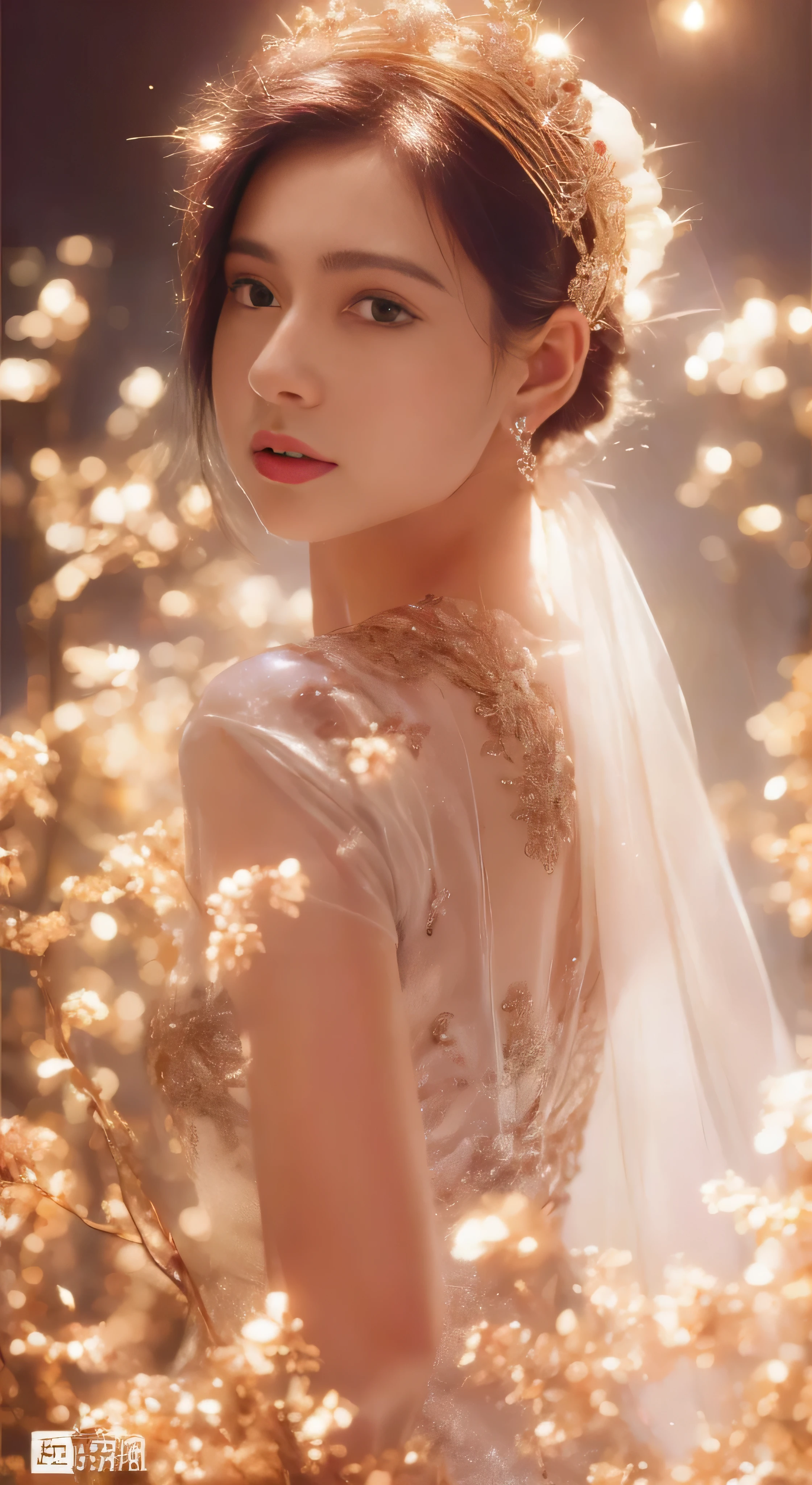 castle in the distance、face is in front、look at the camera、profile、8K、real photos、ultra high resolution, master parts, highest quality, ticker , cinematic images,nice girl、Ann、16 only、Annグロサクソン、double eyelid、droopy eyes、very big eyes、eyes are purple、dark eye shadow、lips are very thin、The tip of your nose grows beautifully.......................................................、small nose,,,,, very detailed , silver hair、straight short hair、smile、 sweet expression 、）、very clear shadows , jewelry , fine eyes, Very difficult, shiny skin , パーフェクトブリリAnnト, perfect sentence, dramatic shadow、white tiara on head、gold necklace around neck、White aristocratic dress with gold embroidery、glass high heels、angel wings