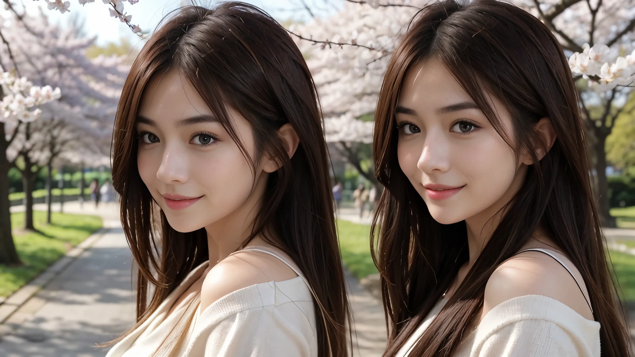 Instagram pictures, a girl with shoulder length hair, light blonde hair, a Close-up photo, Take a walk in the park with cherry blossoms, Japan, smile a little,