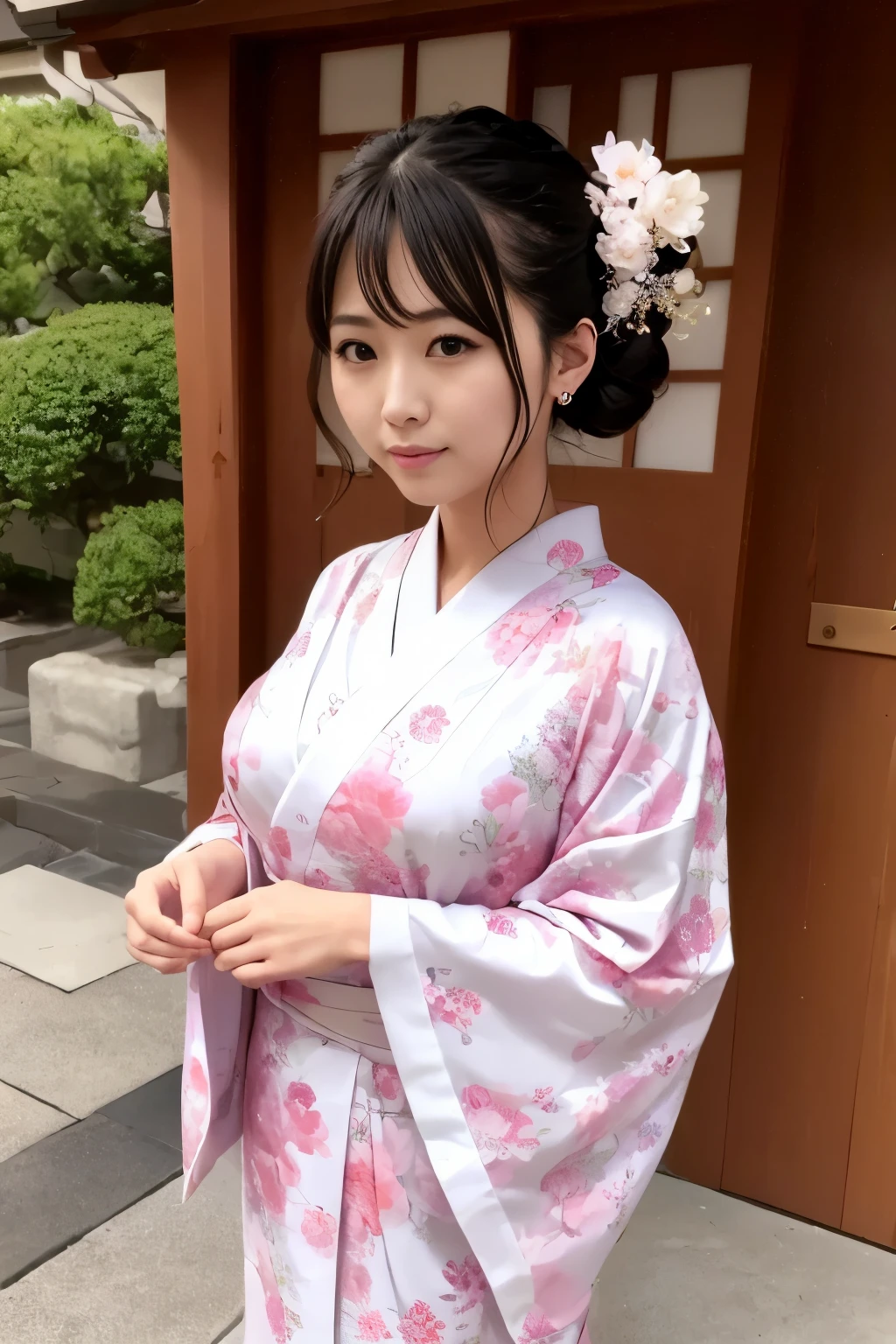 （super highest quality、In 8K、Masseter muscle part、delicate illustrations）、she is a very beautiful japanese housewife.（Around 30 years old）、Odango hairstyle（with hair ornament）、perfect body shape、（Japanese luxury kimono 1.1）、Outside the shrine of Japan、