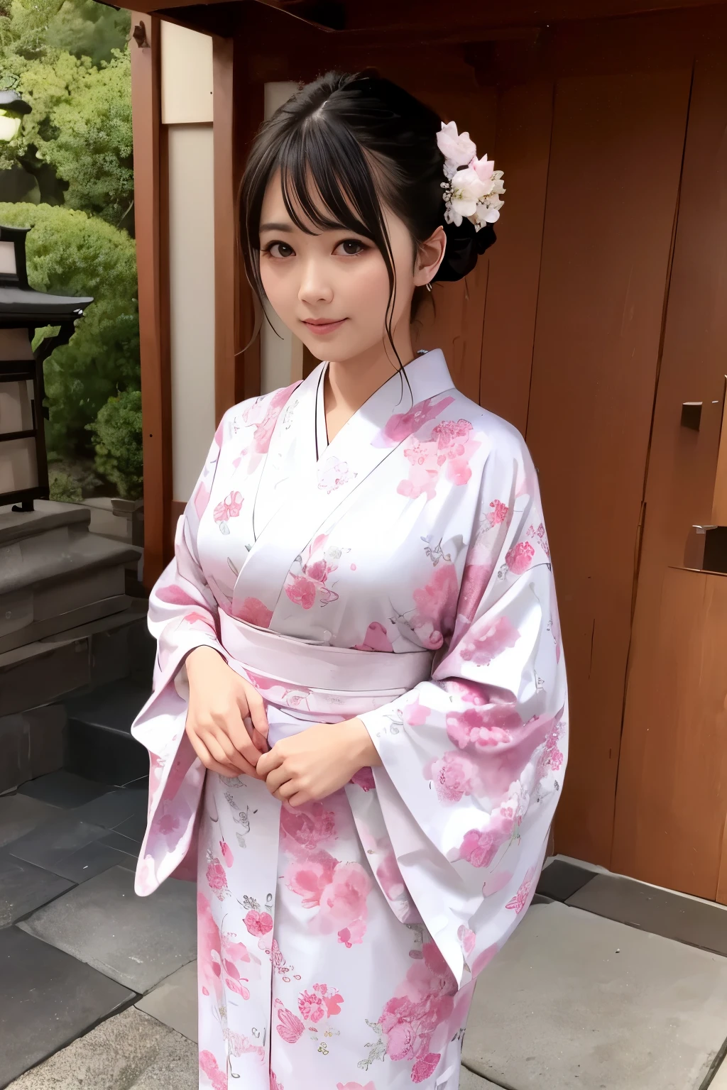 （super highest quality、In 8K、Masseter muscle part、delicate illustrations）、she is a very beautiful japanese housewife.（Around 30 years old）、Odango hairstyle（with hair ornament）、perfect body shape、（Japanese luxury kimono 1.1）、Outside the shrine of Japan、