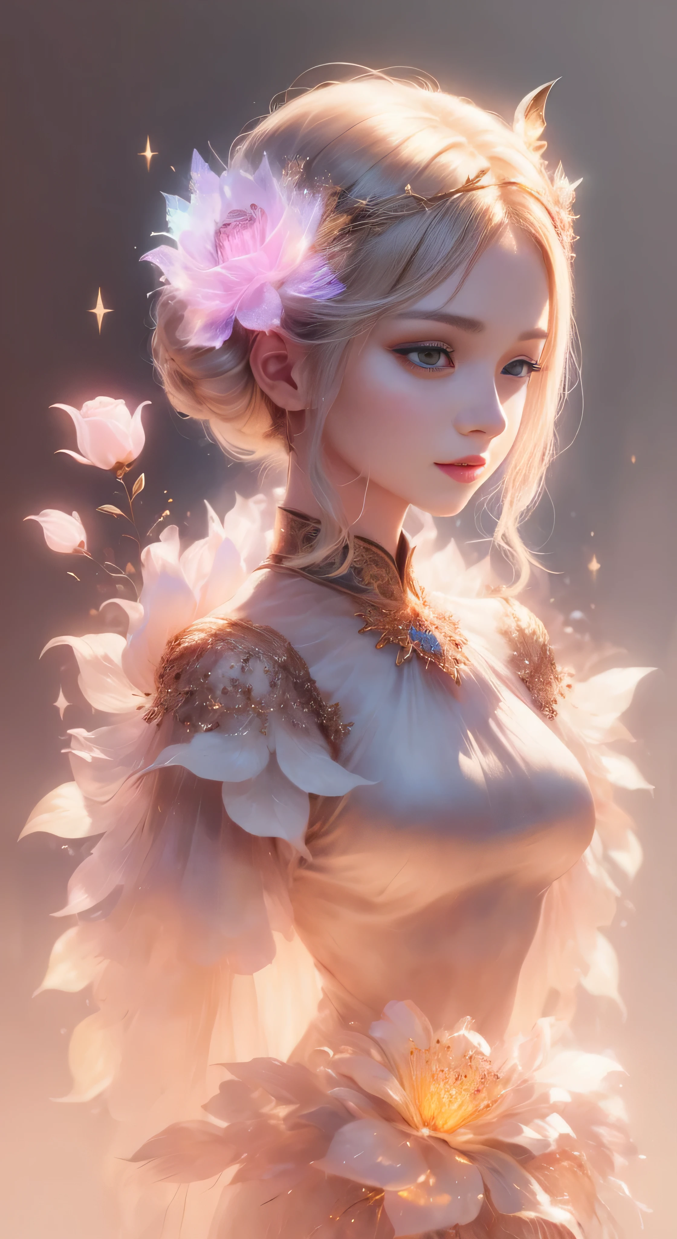 castle in the distance、face is in front、look at the camera、profile、8K、real photos、ultra high resolution, master parts, highest quality, ticker , cinematic images,nice girl、Ann、 only、Annグロサクソン、double eyelid、droopy eyes、very big eyes、eyes are purple、dark eye shadow、lips are very thin、The tip of your nose grows beautifully.......................................................、small nose,,,,, very detailed , silver hair、straight short hair、smile、 sweet expression 、）、very clear shadows , jewelry , fine eyes, Very difficult, shiny skin , パーフェクトブリリAnnト, perfect sentence, dramatic shadow、white tiara on head、gold necklace around neck、White aristocratic dress with gold embroidery、glass high heels、angel wings