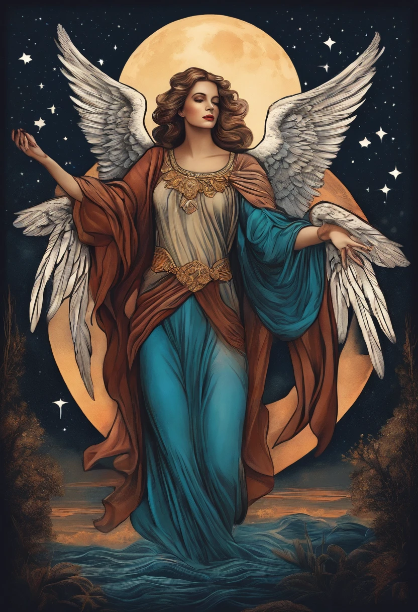 desenho para Tatuagem colorida,  an angel with a human heart in his hand, vestes azuis, mar, noite, estrelas, fases da lua, 
 sobrevoando um campo,  estilo vintage dos anos 60, 