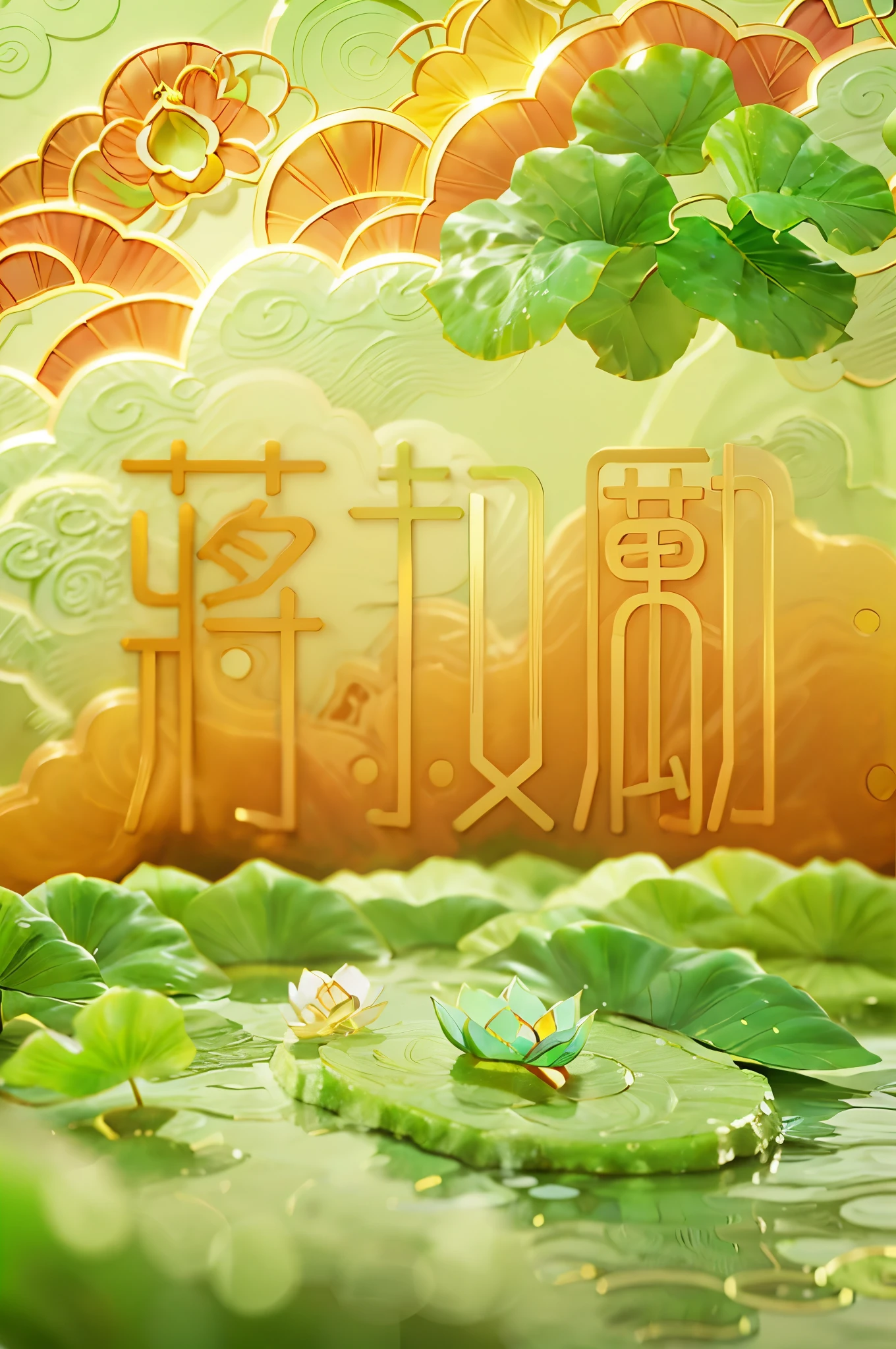 (Yellow theme),(jade carving:1.5), (Chinese cloud pattern:1.2), (Lotus:1.5, Sunflower), (Oriental elements, Chinese colors, senior color matching), (super delicate:1.2, lose focus:1.2, fantastic:1.2, magical light effect:1.2), Masterpiece, three-dimensional,super rich,super detailed,8k,gold,gold line,jade, 3ddianshang\(style\)