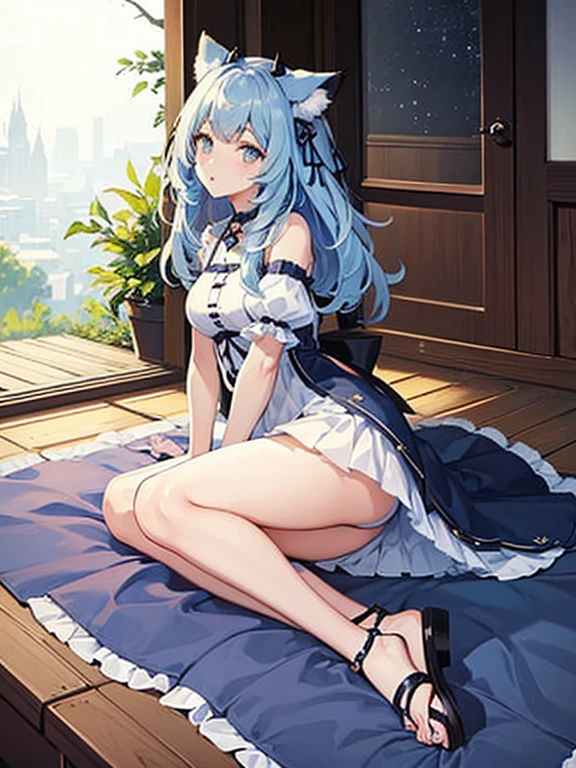((highest quality)), ((masterpiece)), (be familiar with), perfect face, one girl、15 years old、big breasts、small face、long hair、silky hair、Braid in one place、Pastel blue colored hair、off shoulder clothes、white colored clothes、Sheer clothes、Clothes without sleeves、ギンガムチェックのmini skirt、mini skirt、whole body、つま先から頭のてっぺんまでのwhole body、足先から頭までのwhole body、Small cat ears、crawl on all fours、No underwear、Zori sandals、