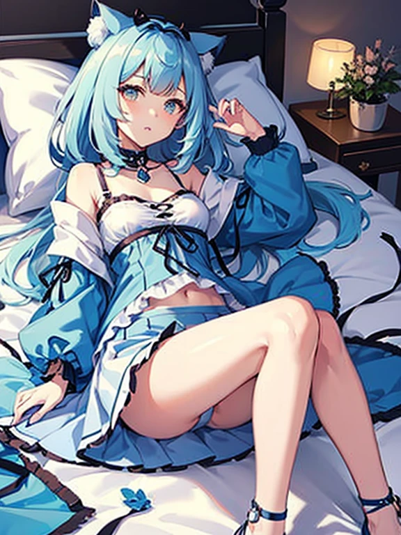 ((highest quality)), ((masterpiece)), (be familiar with), perfect face, one girl、、big breasts、small face、long hair、silky hair、Braid in one place、Pastel blue colored hair、off shoulder clothes、white colored clothes、Sheer clothes、Clothes without sleeves、ギンガムチェックのmini skirt、mini skirt、whole body、つま先から頭のてっぺんまでのwhole body、足先から頭までのwhole body、Small cat ears、crawl on all fours、No underwear、Zori sandals、