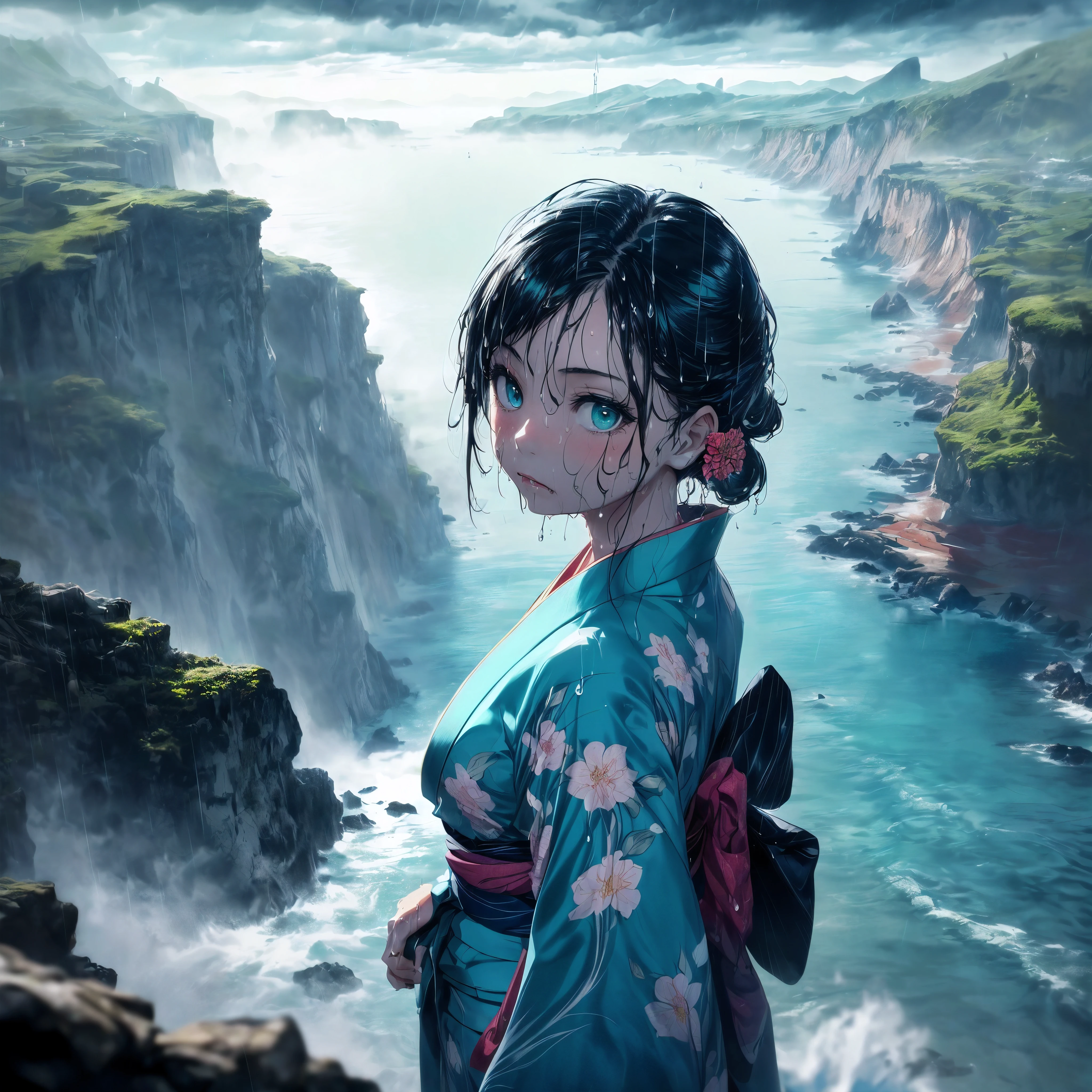 (A 7 year old girl:1.2), (Very young little girl), (alone), ((small breasts)), bitter smile, original photo, Atmospheric distance perception, aesthetic, complex, won, cybernetic enhancement, chiaroscuro, best quality, Detailed background, (hazy atmosphere:1.2), (cloudy day),((Girl in teal 棉质kimono:1.2)), 棉质kimono, 棉质kimono, The best wrinkles, real wrinkles, best shade, strong wind, (walk through (薄雾黑暗岩石cliff)), ((It's raining, downpour, raindrop)), (real location), Exquisite and beautiful eyes, casual gesture, Detailed texture, pose, (Anatomically correct body, Detailed face, (非常Detailed texturekimono与花卉图案), (wet, wet face, Mucus wrap, ((very wet) 纹理kimono), (wet hair), (black hair), thick hair, hair accessories, kimono, Heart, outdoor, pagoda, petal, 色彩缤纷的kimono, sash, ((cliff), the sea below cliff, (Raging sea, spray), Beautiful and detailed sea water),Sky, wide sleeves, yukata, ((cloudy, downpours))