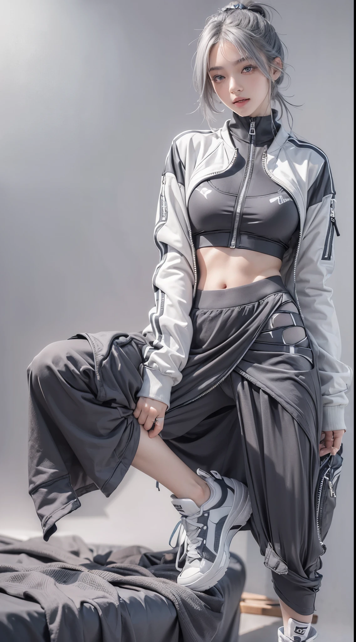 (anime:1.3), (all body shot, fashion portrait:1.6), ultra detailed, beautiful, masterpiece, best quality, _ BREAK (1girl:1.2), 22 years old, 160 cm, Japanese cute model, (Tightened all body, medium Breasts:1.4), small head, small face, diamond Face, small nose, Sharp Faceline, young hands and fingers, beautiful hands and fingers, five fingers, _ BREAK (Glossy Lips:1.3), (Light color lips, Half open mouth, beautiful Teeth:1.2), (dropy eyes, Double eyelid, light color eyes:1.4), _ BREAK (arranged hairstyle:1.3), (gray hair:1.3), _ BREAK (gray background:1.4), Fog, mist, _ BREAK (wide angle), (standing:1.3), (cool and sexy model posing:1.4), (from front white lightning),
BREAK (ultra Soft fabric and Cyber theme:1.6), (black and white theme:1.4), (training wear, Stacked up:1.3),(ultra Soft fabric oversize Bomber jacket:1.3), (Thick hi Collar:1.4), (Wide, short, baggy:1.4), (1/4 short Length:1.4), (Wide hem:1.4), (Close the zipper:1.35), BREAK (ultra Soft fabric:1.3),(hi Waist sporty maximum long skirt:1.4),(perfect and Detailed all body wear:1.2), (Cyber hi cut technical Sneaker:1.4),