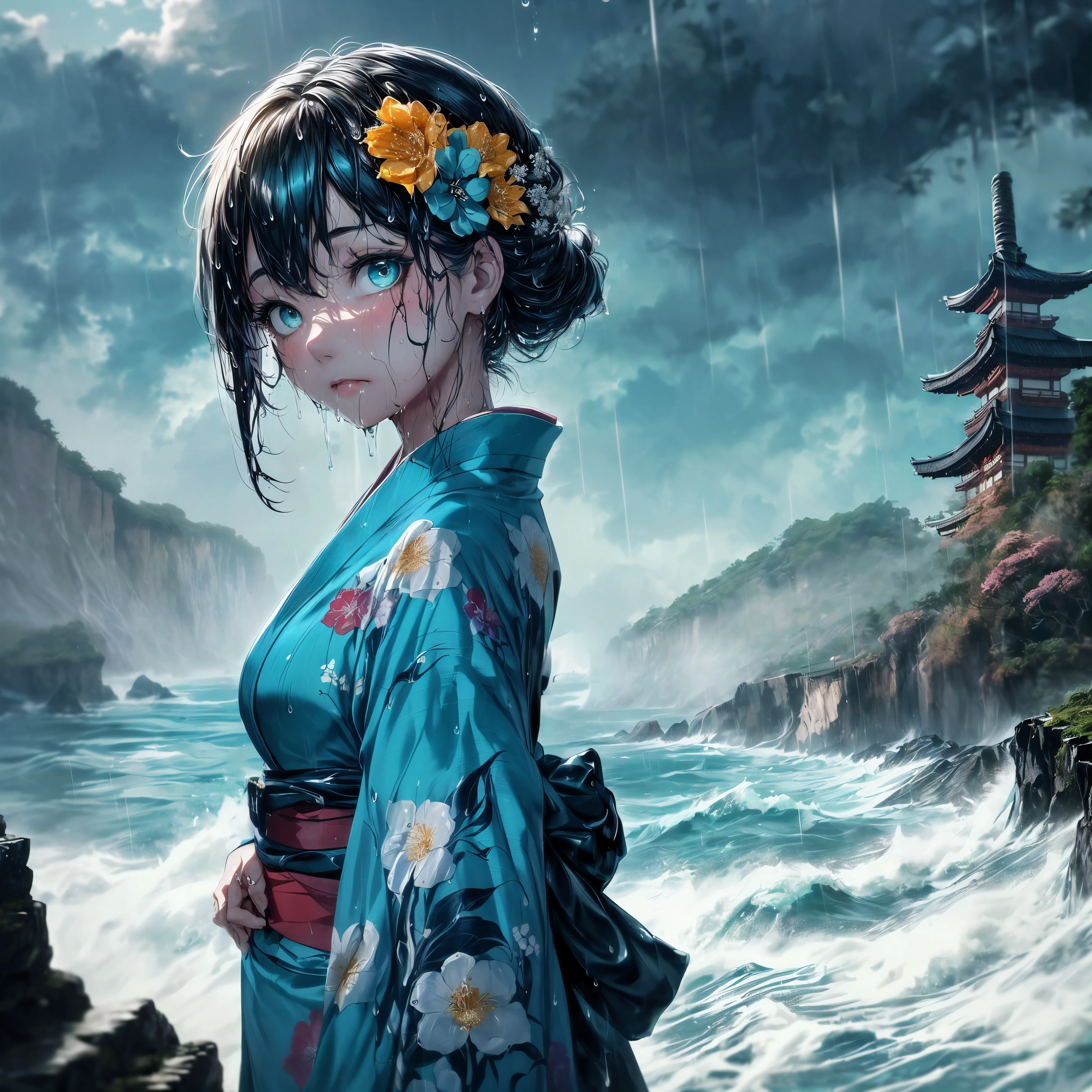 (A 7 year old girl:1.2), (Very young ), (alone), ((small breasts)), bitter smile, original photo, Atmospheric distance perception, aesthetic, complex, won, cybernetic enhancement, chiaroscuro, best quality, Detailed background, (hazy atmosphere:1.2), (cloudy day),((Girl in teal 棉质kimono:1.2)), 棉质kimono, 棉质kimono, The best wrinkles, real wrinkles, best shade, strong wind, (walk through (薄雾黑暗岩石cliff)), ((It's raining, downpour, raindrop)), (real location), Exquisite and beautiful eyes, casual gesture, Detailed texture, pose, (Anatomically correct body, Detailed face, (非常Detailed texturekimono与花卉图案), (wet, wet face, Mucus wrap, ((very wet) 纹理kimono), (wet hair), (black hair), thick hair, hair accessories, kimono, Heart, outdoor, pagoda, petal, 色彩缤纷的kimono, sash, ((cliff), the sea below cliff, (Raging sea, spray), Beautiful and detailed sea water),Sky, wide sleeves, yukata, ((cloudy, downpours))