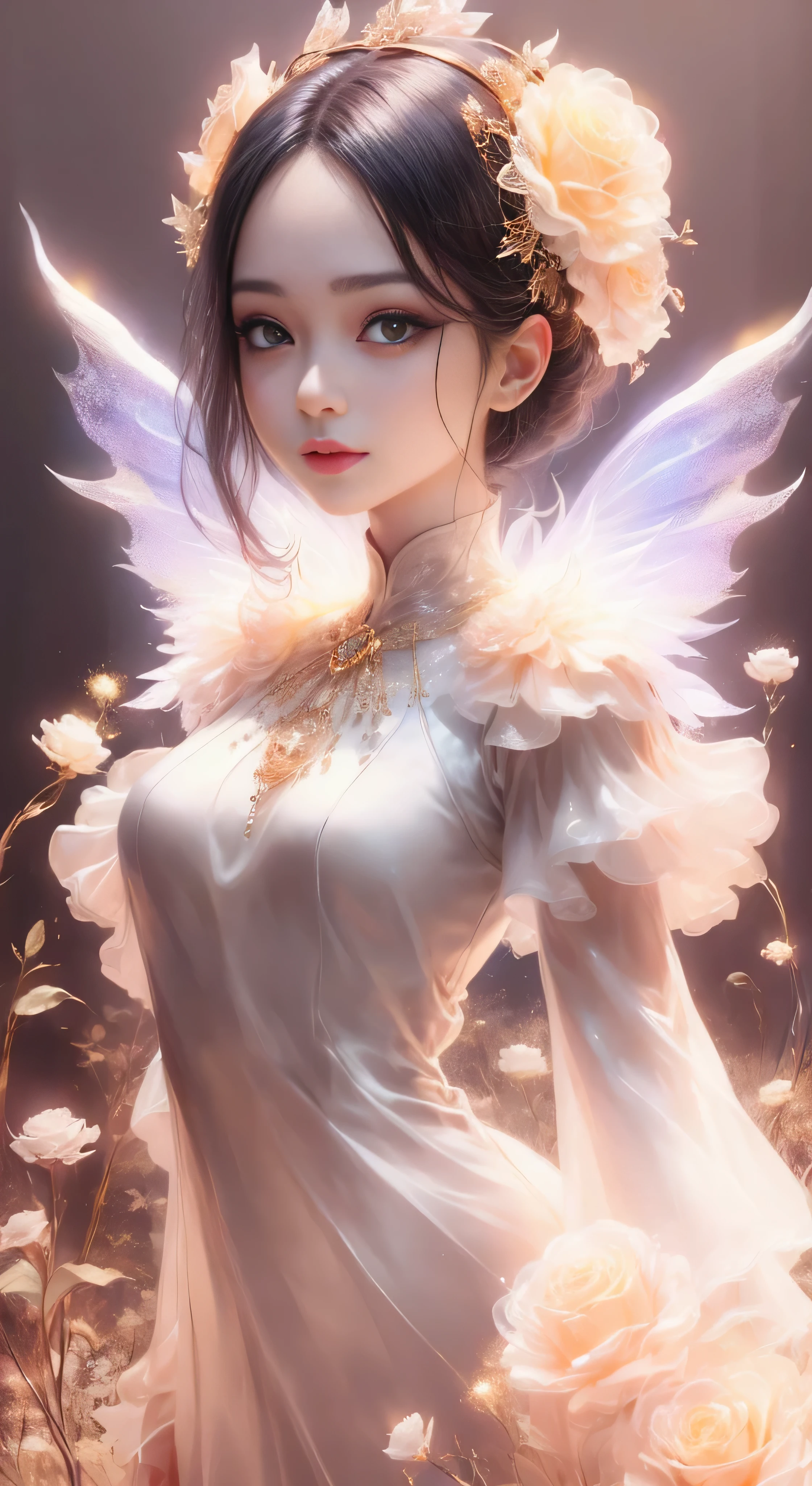 castle in the distance、face is in front、look at the camera、profile、8K、real photos、ultra high resolution, master parts, highest quality, ticker , cinematic images,nice girl、Ann、 only、Annグロサクソン、double eyelid、droopy eyes、very big eyes、eyes are purple、dark eye shadow、lips are very thin、The tip of your nose grows beautifully.......................................................、small nose,,,,, very detailed , silver hair、straight short hair、smile、 sweet expression 、)、very clear shadows , jewelry , fine eyes, Very difficult, shiny skin , パーフェクトブリリAnnト, perfect sentence, dramatic shadow、white tiara on head、gold necklace around neck、White aristocratic dress with gold embroidery、glass high heels、angel wings