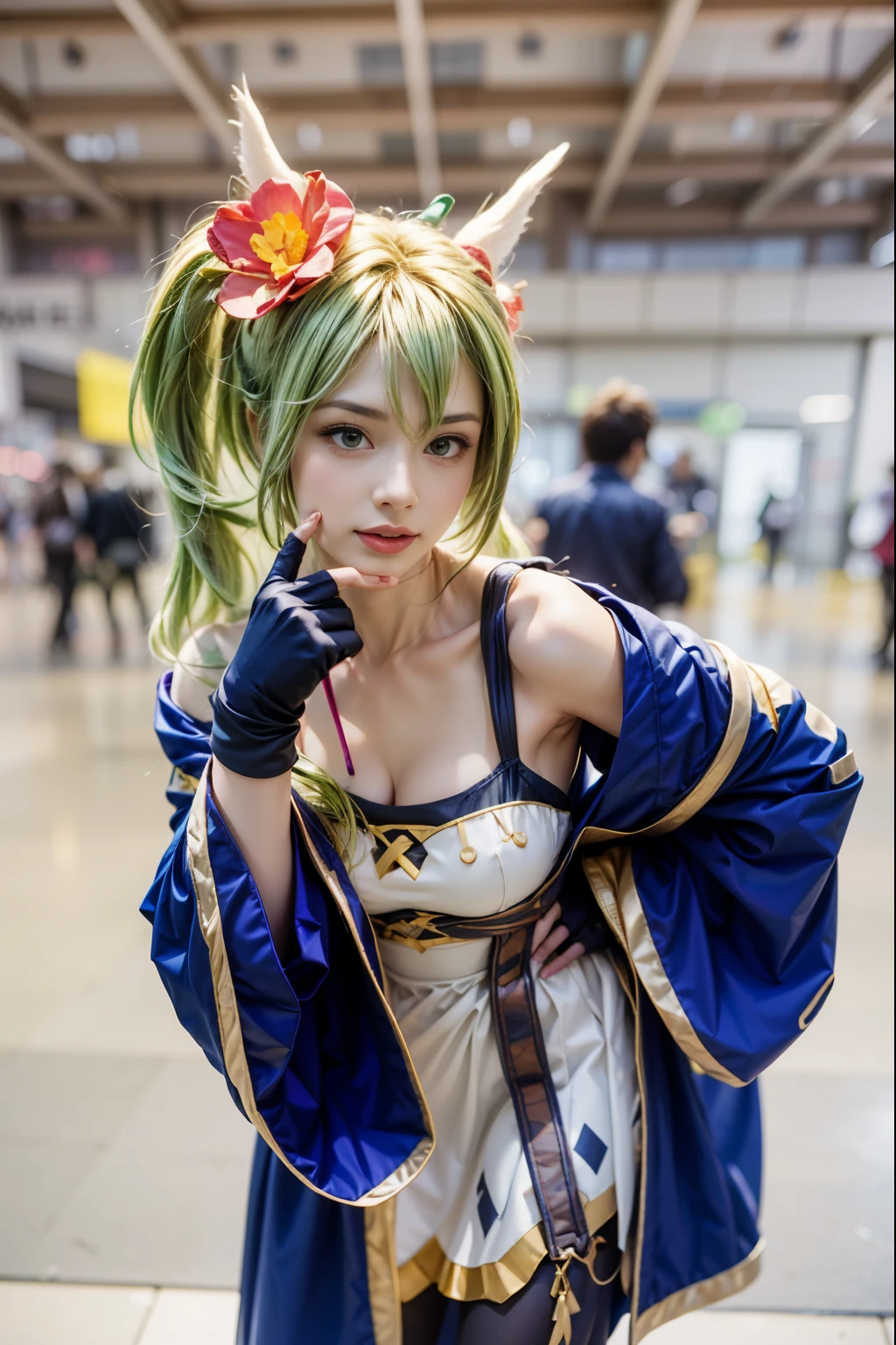 there is a woman with green hair and a blue dress, anime cosplay, anime girl cosplay, cosplay photo, cosplayer, cosplay, lady palutena, professional cosplay, mayreel from game guardian tales, full-cosplay, captured on canon eos r 6, anime goddess, ornate cosplay, palutena, publicity cosplay, ultra detail, Detailed and correct finger depiction, 