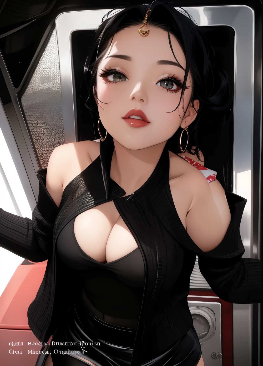 Sexy woman, black hair, off shoulder crop top, miniskirt, wide hips, thick thighs, beautiful face, amazing body, sultry pose, lustful expression