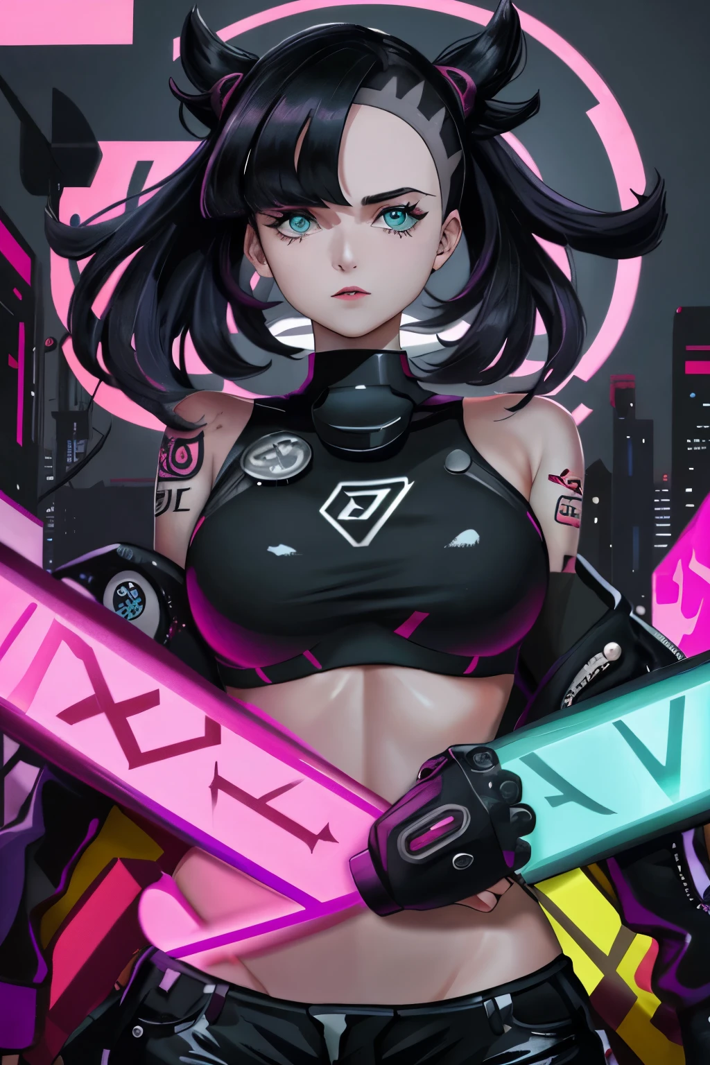 ((masterpiece, best quality)) Marnie, (pokemon), Big drunk eyes, aqua eyes, 1 Mole under the left eye, cyberpunk aesthetic, neon lights, cyborg woman, dark techno aesthetic, industrial goth aesthetic, ultra detailed, photorealistic, measurement bangs, asymmetrical bangs, black hair, Much hair, Volumized hair, sexy eyes, short hair, messy hair, asymmetrical bangs, asymmetrical hair, bangs, black lips, cyberpunk city background, upper body, portrait, breast focus, nude breasts, large breasts, huge breasts, nude, team yell tattoo.