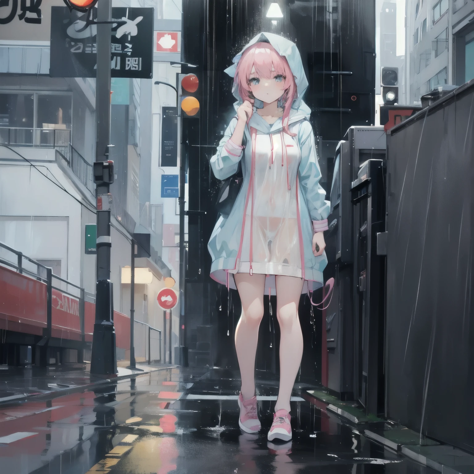 Anime girl getting wet in the rain