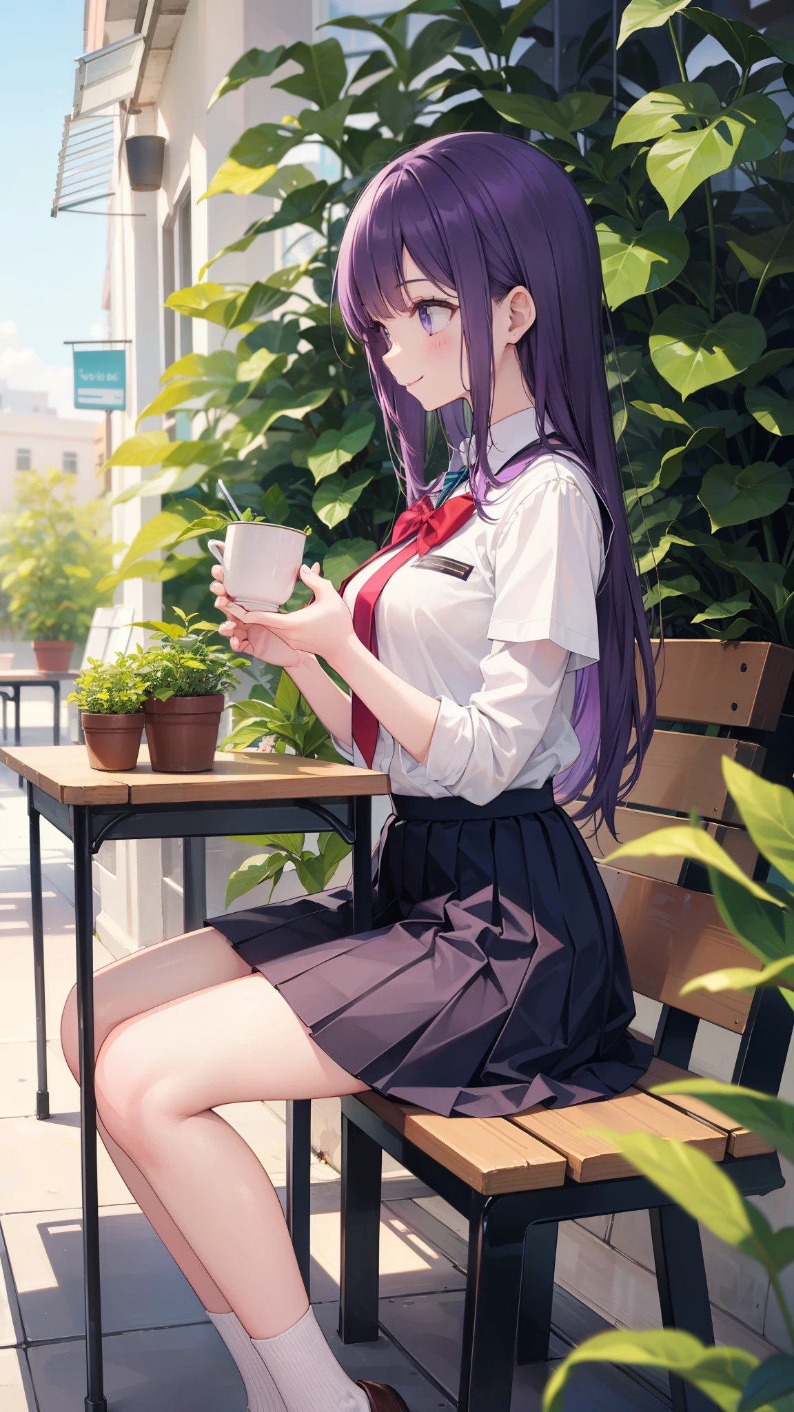1girl, rating:safe, long_hair, solo, potted_plant, plant, sitting, profile, smile, bangs, skirt, very_long_hair, school_uniform, food, purple_hair, table, outdoors, blunt_bangs, tree