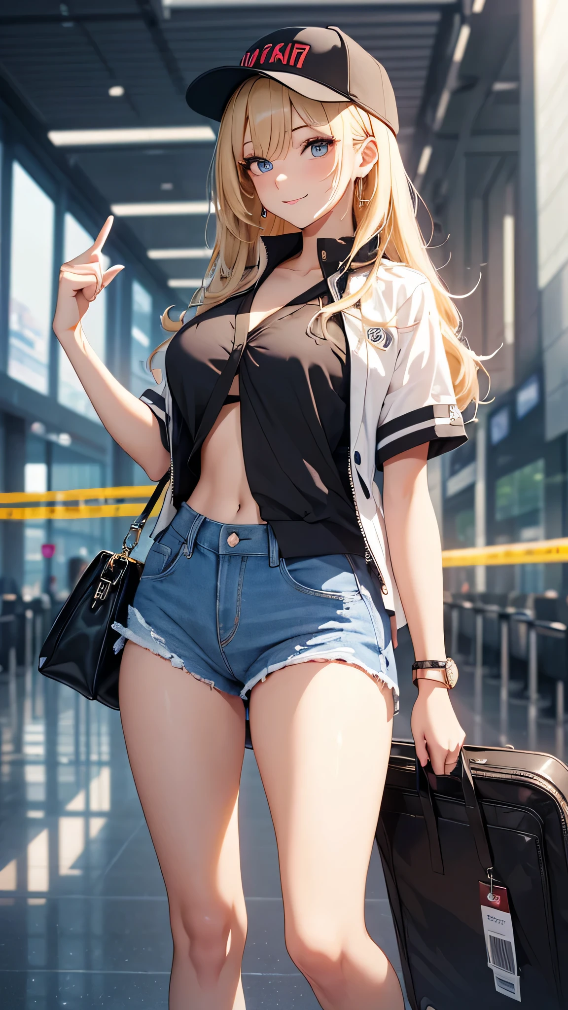 最high quality、best image quality、masterpiece、age girl((20-year-old、 By becoming、vest bust、medium bust,wide open breast tea、black eye, blonde hair、long hair、thin,highest valley、blue shorts、Black Short Sleeve Jacket、walk、white shirt,chest、Eyeshadow Makeup、I have a carry bag、greeting、pointing、smile、leaning forward)),high quality、beautiful art、background((In the airport))、debris flies、Depth of written boundary、movie、visual art、perfect art、8K,genuine