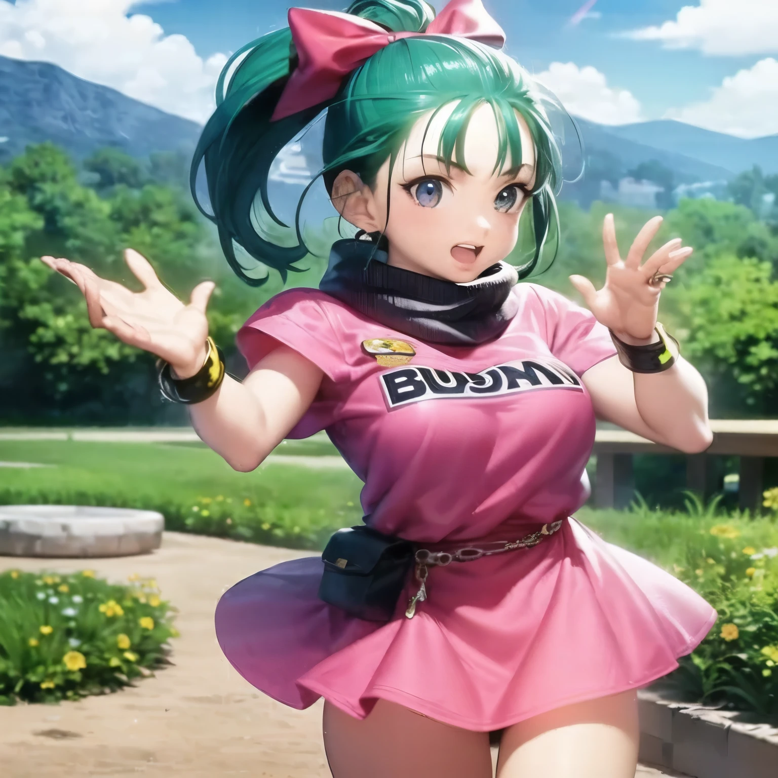a girl in a pink dress is standing in a field, bulma from dragon ball, saiyan girl, official art, android 18, full color manga cover, female goku, official anime artwork, inspired by Akira Toriyama, high detailed official artwork, by Akira Toriyama, dragon ball concept art, official artwork, female protagonist 👀 :8