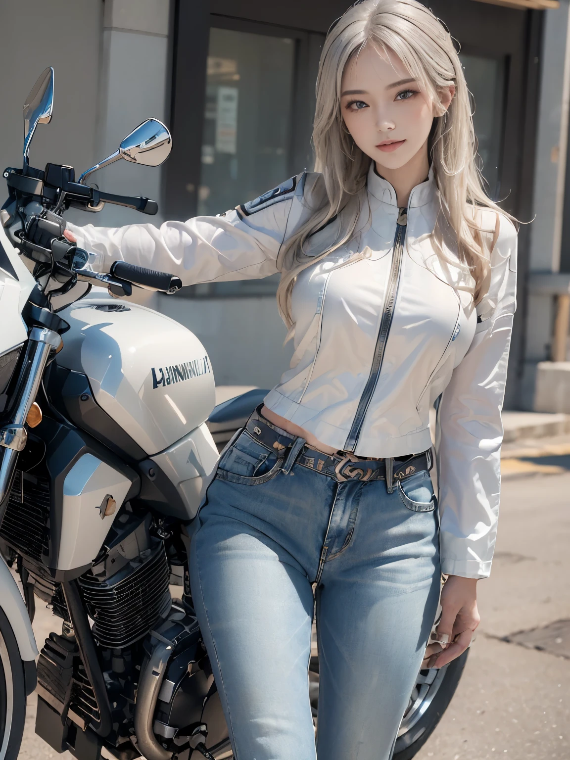 ((highest quality, 8K, masterpiece: 1.3)), sharp: 1.2, perfect body beauty: 1.4,(((woman riding a motorcycle))),slender body,white long sleeve motorcycle jacket and jeans,Highly detailed face and skin texture,((full body shot)),Natural light,smile,((wink))、Blonde shorthair