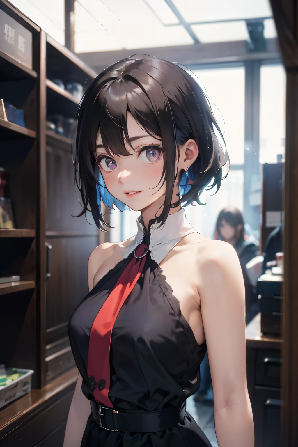 a 20 yo woman、Brown hair、Bery short hair、Big smile、Purple long dress(hi-top fade:1.3)、dark themed、Muted Tones、Subdued Color、highly contrast、(natural skin textures、Hyper-Realism、Soft light、sharp) {{{{masutepiece}}}}, {{{Hyper Detailed}}}, {{{hight resolution}}}, {{Good anatomy}}, (((Best Quality))), ((extremely delicate and beautiful)), {{an extremely detailed and delicate}}, {8k cg wallpaper}, {{Illustration}}, (greyscale with colored background:1), White and black background,  (chromatic abberation:1.2), Upper body,  maturefemale, (1girl in:1), Solo, 花魁, (komono:1.2), medium breasts,  hiten1,Gears in the background，