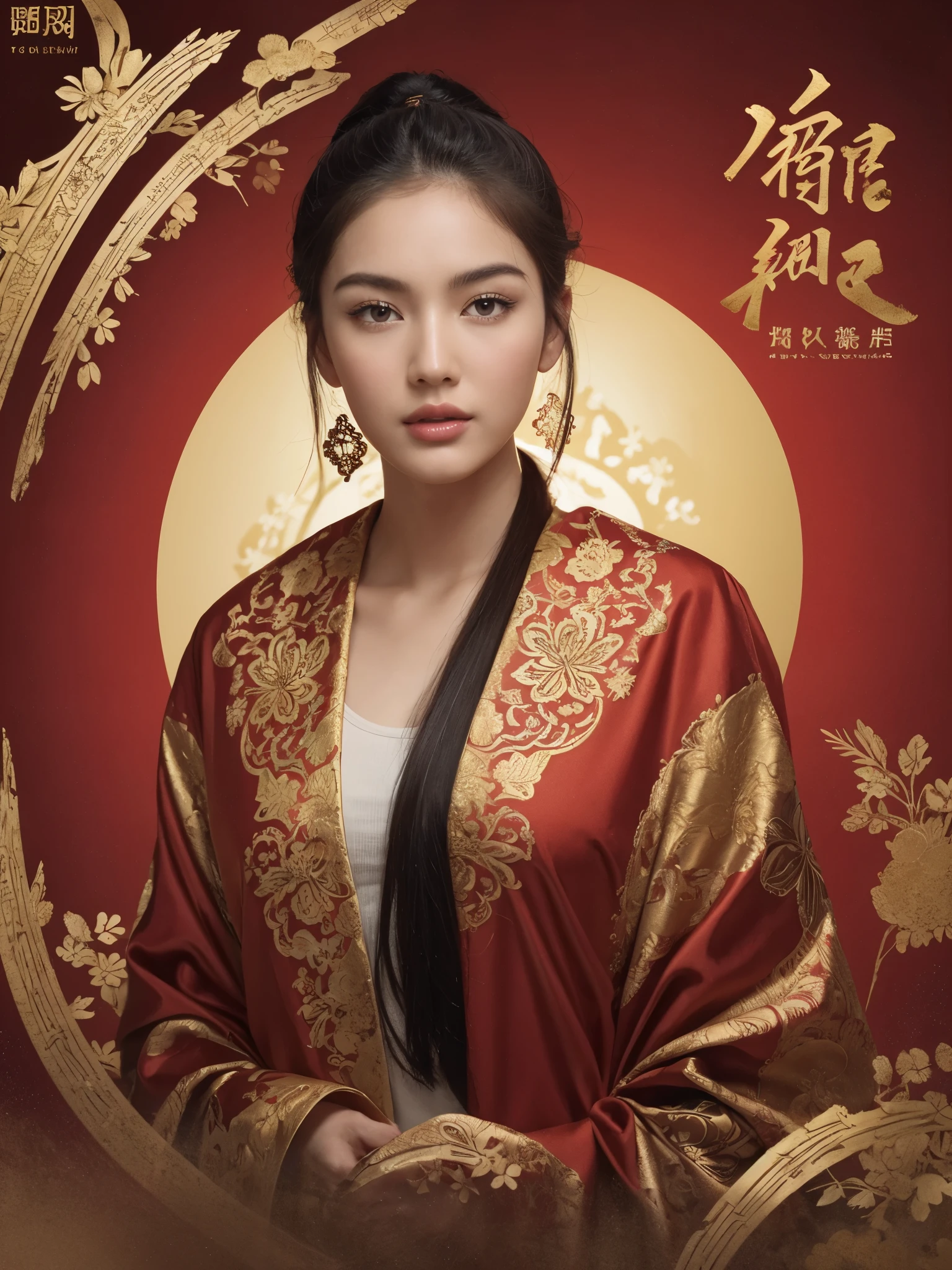 the style of Chinese animation, Ink Epiphyllum Gold Ink Background with red Lines, delicate and soft hair, highlighting the theme of the character,Ink brush background effect, Chinese calligraphy, seal carving seal background,a large white space, portraying Zhao Wuji, Chinese style, realistic artistic conception, with long slender fair fingers. --no Extra fingers, malformed fingers, --ar 9:13 --stylize 750 --v 6