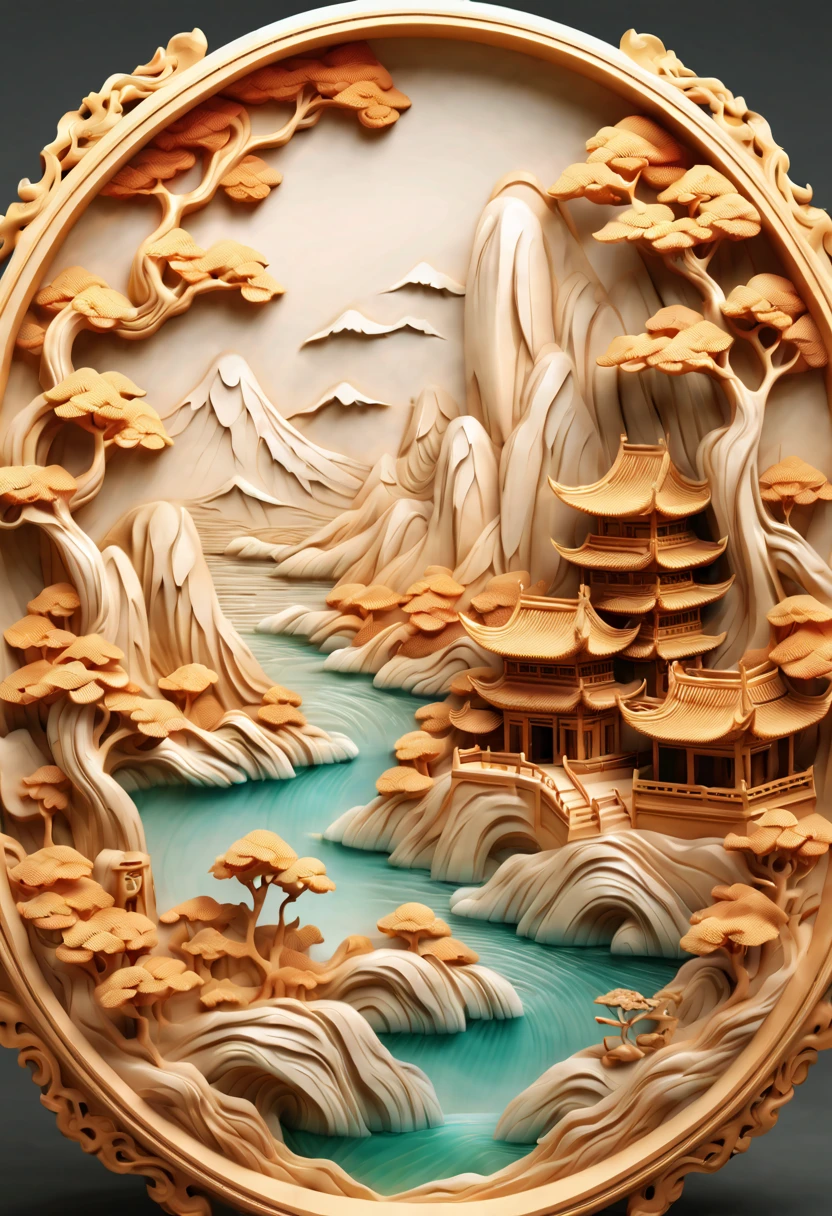 Calcedony Carving art of oriental landscape painting, smooth surface, 3D Carving on Calcedony, Chinese style, extremely detailed, soft lighting, soft contrast, incredible art, wlop, artstation, artgerm, octane render, (best quality, masterpiece, Representative work, official art, Professional, 8k:1.3)