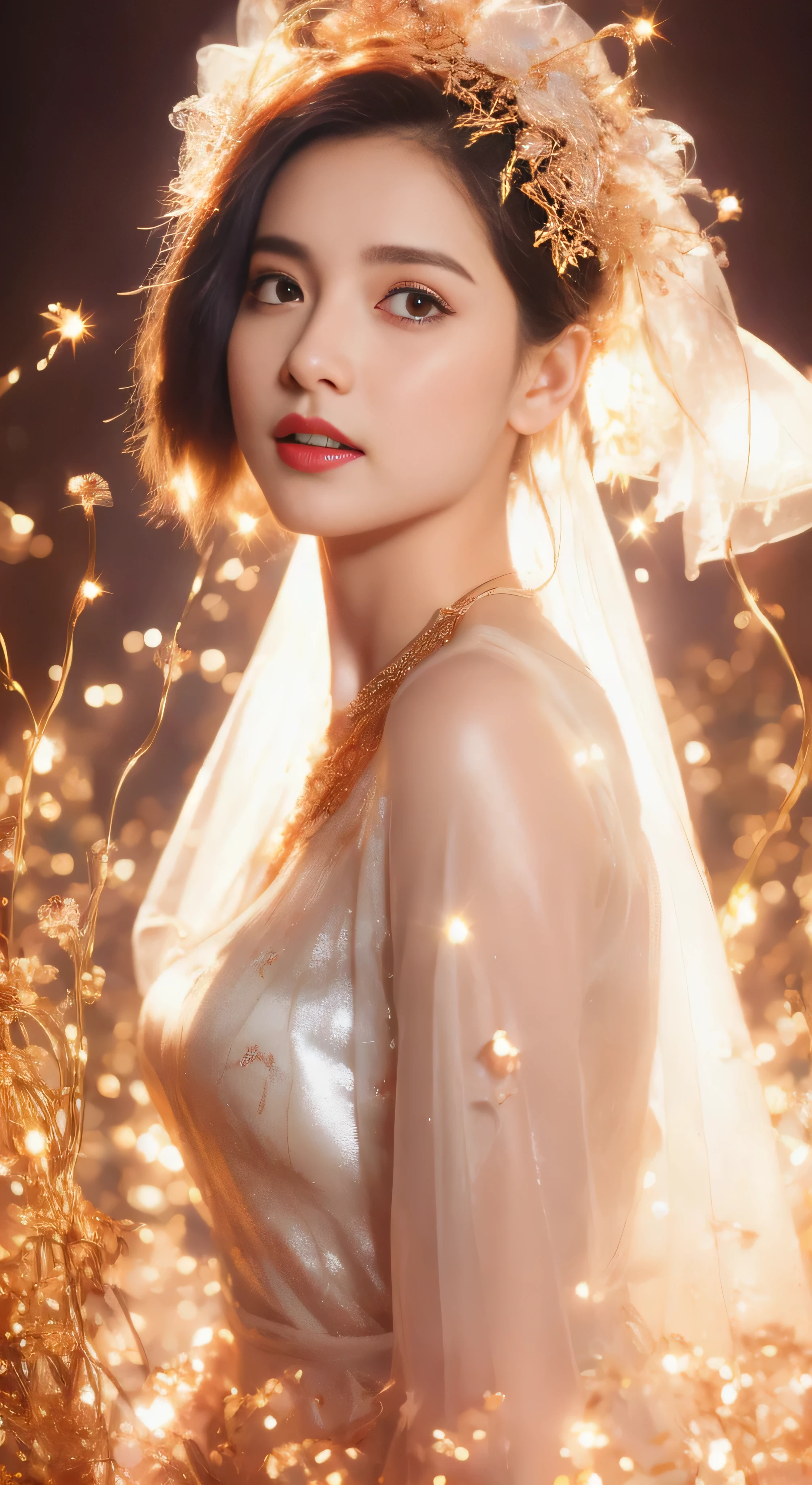 castle in the distance、face is in front、look at the camera、profile、8K、real photos、ultra high resolution, master parts, highest quality, ticker , cinematic images,nice girl、Ann、14 years old、Annグロサクソン、double eyelid、droopy eyes、very big eyes、eyes are purple、dark eye shadow、lips are very thin、The tip of your nose grows beautifully..............、small nose,,,,, very detailed , silver hair、straight short hair、smile、 sweet expression 、)、very clear shadows , jewelry , fine eyes, Very difficult, shiny skin , パーフェクトブリリAnnト, perfect sentence, dramatic shadow、white tiara on head、gold necklace around neck、White aristocratic dress with gold embroidery、glass high heels、angel wings