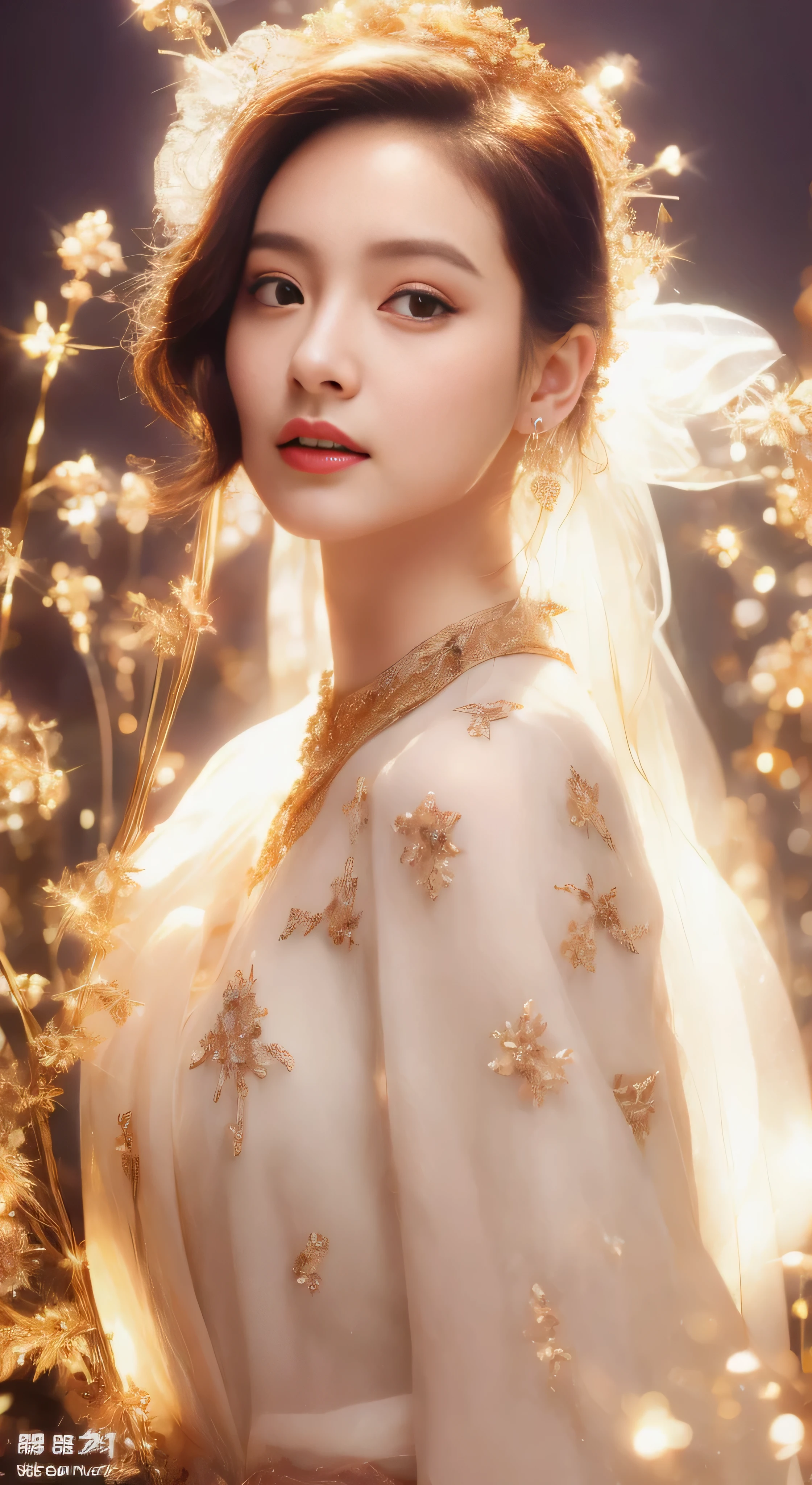 castle in the distance、face is in front、look at the camera、profile、8K、real photos、ultra high resolution, master parts, highest quality, ticker , cinematic images,nice girl、Ann、、Annグロサクソン、double eyelid、droopy eyes、very big eyes、eyes are purple、dark eye shadow、lips are very thin、The tip of your nose grows beautifully..............、small nose,,,,, very detailed , silver hair、straight short hair、smile、 sweet expression 、)、very clear shadows , jewelry , fine eyes, Very difficult, shiny skin , パーフェクトブリリAnnト, perfect sentence, dramatic shadow、white tiara on head、gold necklace around neck、White aristocratic dress with gold embroidery、glass high heels、angel wings