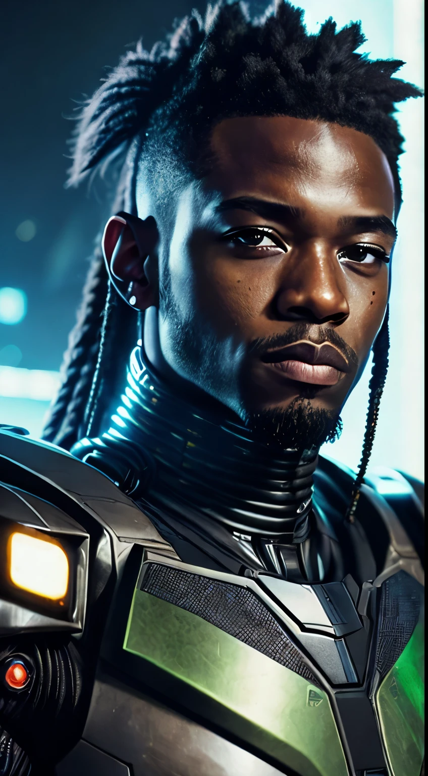 A black Melanesian man with dreads as the doomslayer, realistic scifi cyberpunk power armor robot, closeup portrait cinematic, 8k, hdr, ((intricate details, hyperdetailed)), (backlit:1.3), (cinematic:1.3), (ArtStation:1.3)