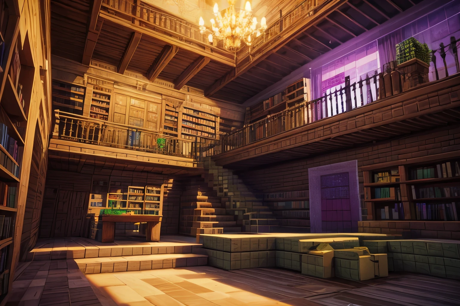 Minecraft end city, the building is purple and yellow, inside the room, there are stairs and bookshelves, ground floor, in the evening