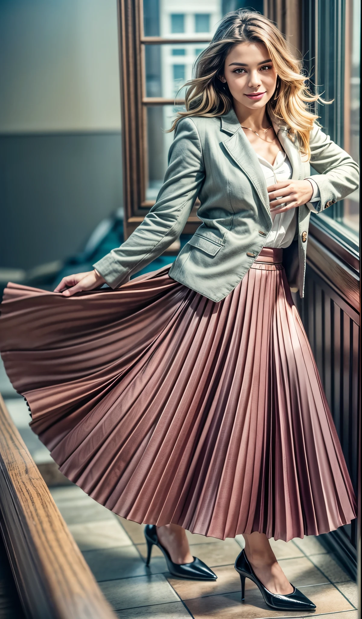 A smiling, authentic, (shy:1,3), kind, beautiful woman, is passionately in love with her skirt, while wind lifts her skirt, wearing short blazer and very very detailed (long (fully pleated) full circle skirt) and (low heeled court shoes), very very intricate hyper-detailed symmetric (attractive graceful young feminine face) with (sad, tired eyes and a loving smile), large breasts, full of empathy and compassion and love, (pronounced (feminine) features), (highly detailed ultra accurate realistic) hands and fingers, (windy), epic composition, highly detailed attributes, (35mm f1.4 Kodak portra 400 photograph), extremely high quality RAW photograph, highly detailed atmosphere, sci-fi, cinematic shot, dynamic lighting, 75mm, Technicolor, Panavision, cinemascope, sharp focus, fine details, 8k, HDR, realism, realistic, key visual, film still, superb cinematic color grading, depth of field