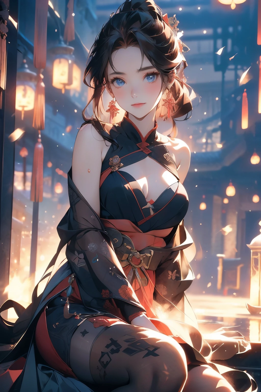 (official art、best quality、Unity 8K Wallpaper、32k、masterpiece、Super detailed、ultra high resolution、actual、Realism:1.2)、(light:1.2)、fire glow effect、film particles、best light and shadow、edge lighting、side lights、(Super detailed且复杂的 3D 渲染)、Exquisite and beautiful face,blue eyes,reddish brown hair,medium breasts, Perfect body,Smile,(Super delicate skin、Detailed skin texture:1.3, blush:1.2)、see whole body,looking into camera, Anime CG style, ((Red gorgeous Hanfu,Show chest,bare shoulders,Black tights)), Sitting in the hot spring water, (wind blows hair,bare shoulders,exposing her chest,Black tights) , night time,It's snowing