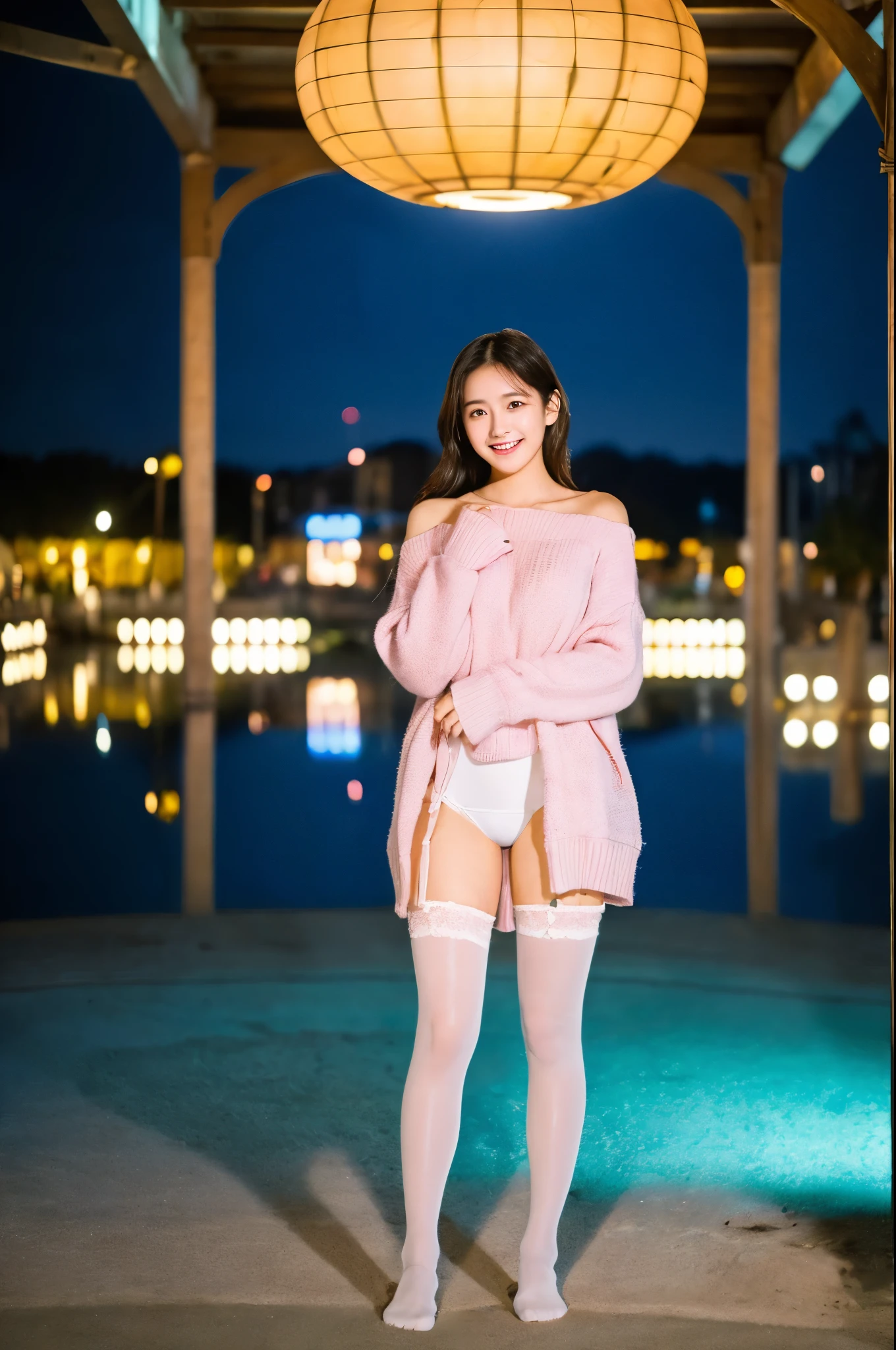ulzzang-6500-v1.1, (RAW photo:1.2), (Photoreal), beautiful detailed girl, (genuine: 1.4), very detailed目と顔, beautiful and fine eyes, ((Beautiful illumination plaza at night:1.5)), (( Soft sweater in pastel colors:1.3, super realistic pantyhose:1.2))、Self snap、Instagram、game_nffsw, huge file size, High resolution, very detailed, highest quality, [masterpiece:1.6], enlightenment, very detailed, nffsw, finely, highest quality, 8k wallpaper, movie lighting, 1 girl, , perfect body shape, cute droopy eyes beautiful big eyes、 ((muste piece)), highest quality, 1 girl, eye shadow,  portrait, ((full body shot:1.4))、(very affectionate smile:1.2)、realistic skin texture、shiny skin、exposed thighs!!!