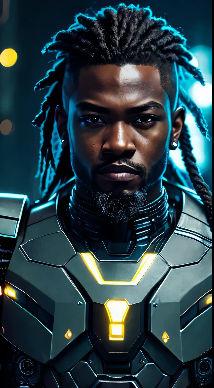 A black Melanesian man with dreads as the doomslayer, realistic scifi cyberpunk power armor robot, closeup portrait cinematic, 8k, hdr, ((intricate details, hyperdetailed)), (backlit:1.3), (cinematic:1.3), (ArtStation:1.3)