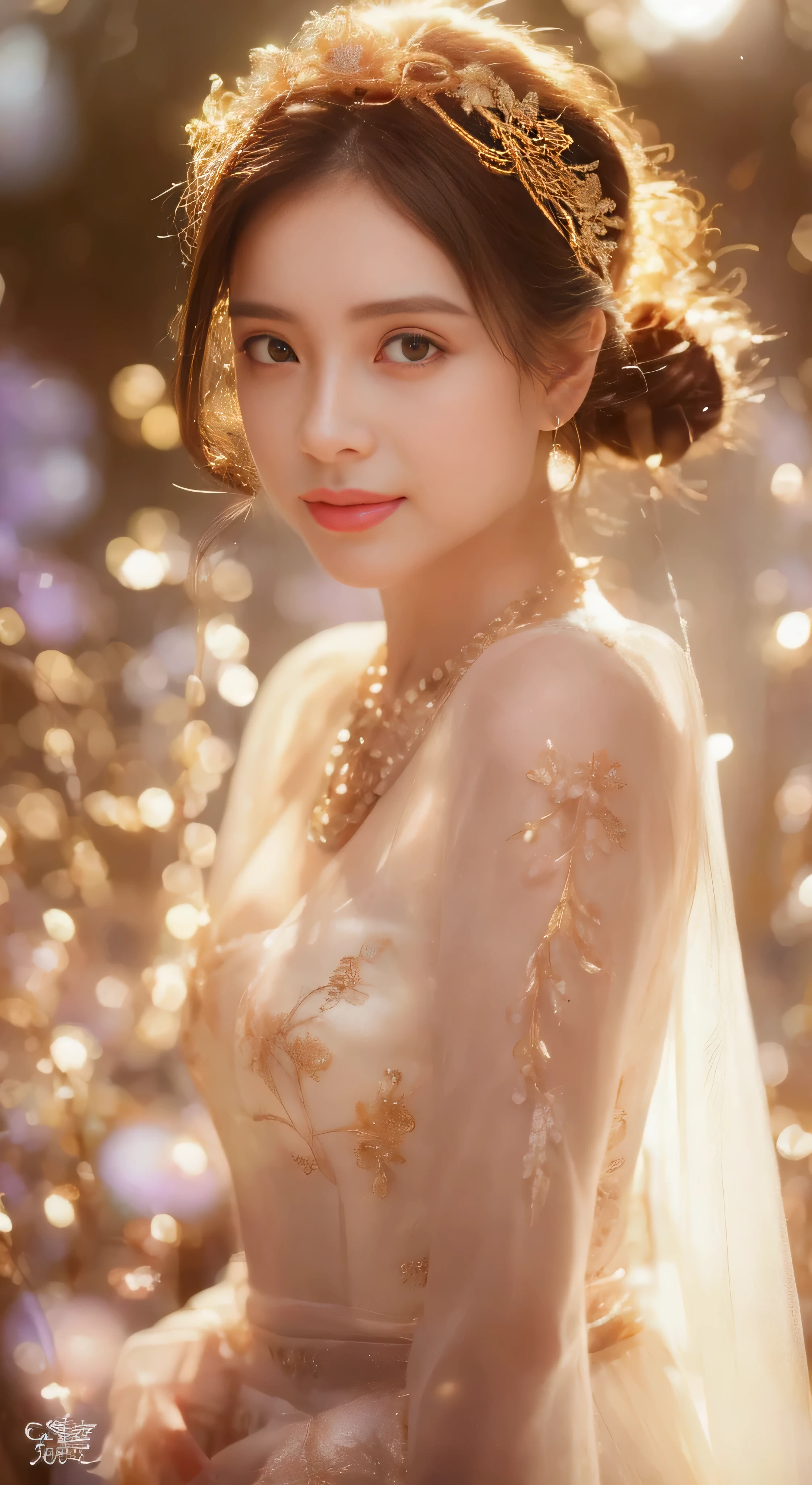 castle in the distance、face is in front、look at the camera、profile、8K、real photos、ultra high resolution, master parts, highest quality, ticker , cinematic images,nice girl、Ann、16 only、Annグロサクソン、double eyelid、droopy eyes、very big eyes、eyes are purple、dark eye shadow、lips are very thin、The tip of your nose grows beautifully.......................................................、small nose,,,,, very detailed , silver hair、straight short hair、smile、 sweet expression 、)、very clear shadows , jewelry , fine eyes, Very difficult, shiny skin , パーフェクトブリリAnnト, perfect sentence, dramatic shadow、white tiara on head、gold necklace around neck、White aristocratic dress with gold embroidery、glass high heels、angel wings
